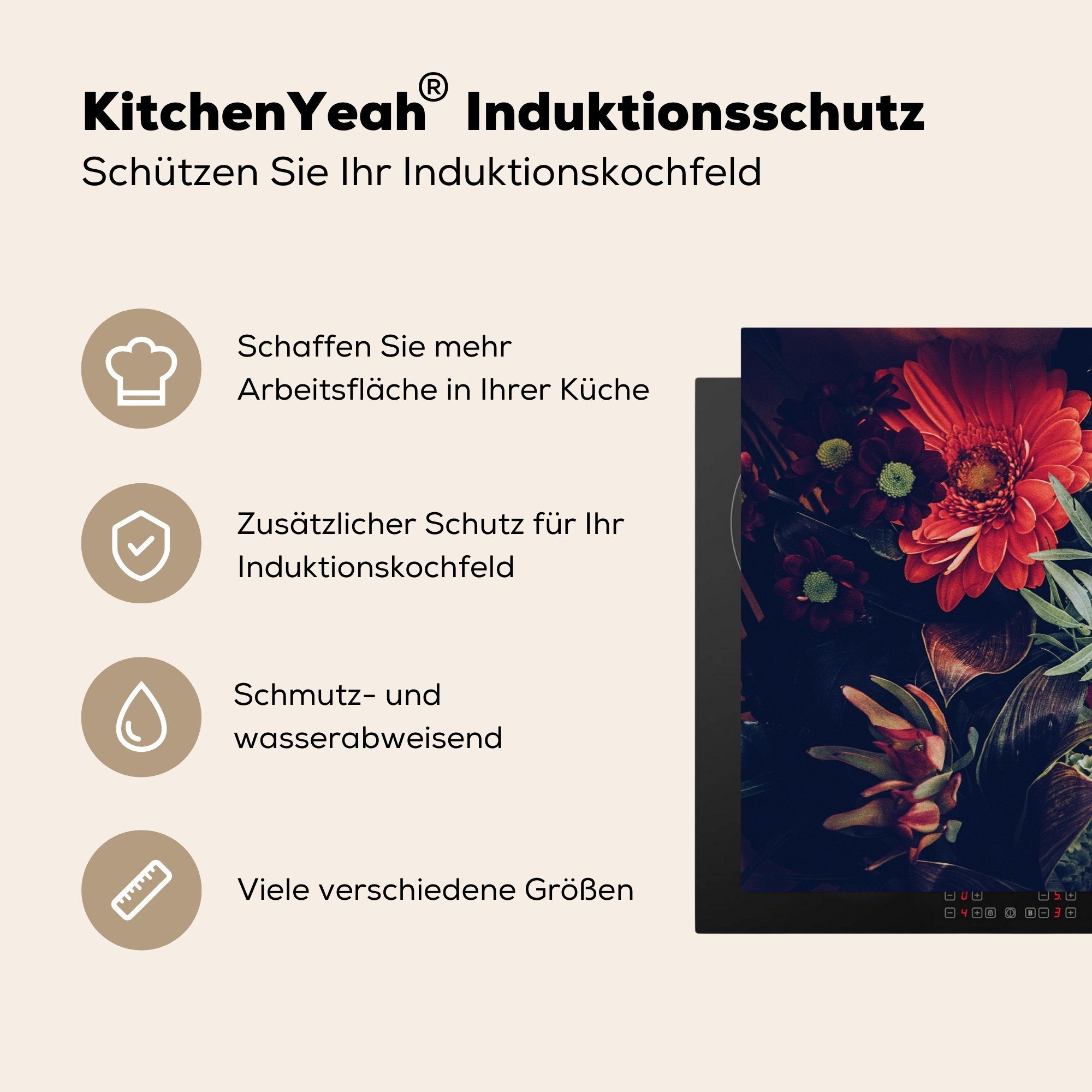 cm, Rot, MuchoWow - - - küche, Blumenstrauß (1 Vinyl, Herdblende-/Abdeckplatte für Stilleben Pflanzen Ceranfeldabdeckung - Schutz Induktionskochfeld die 81x52 tlg), Blumen