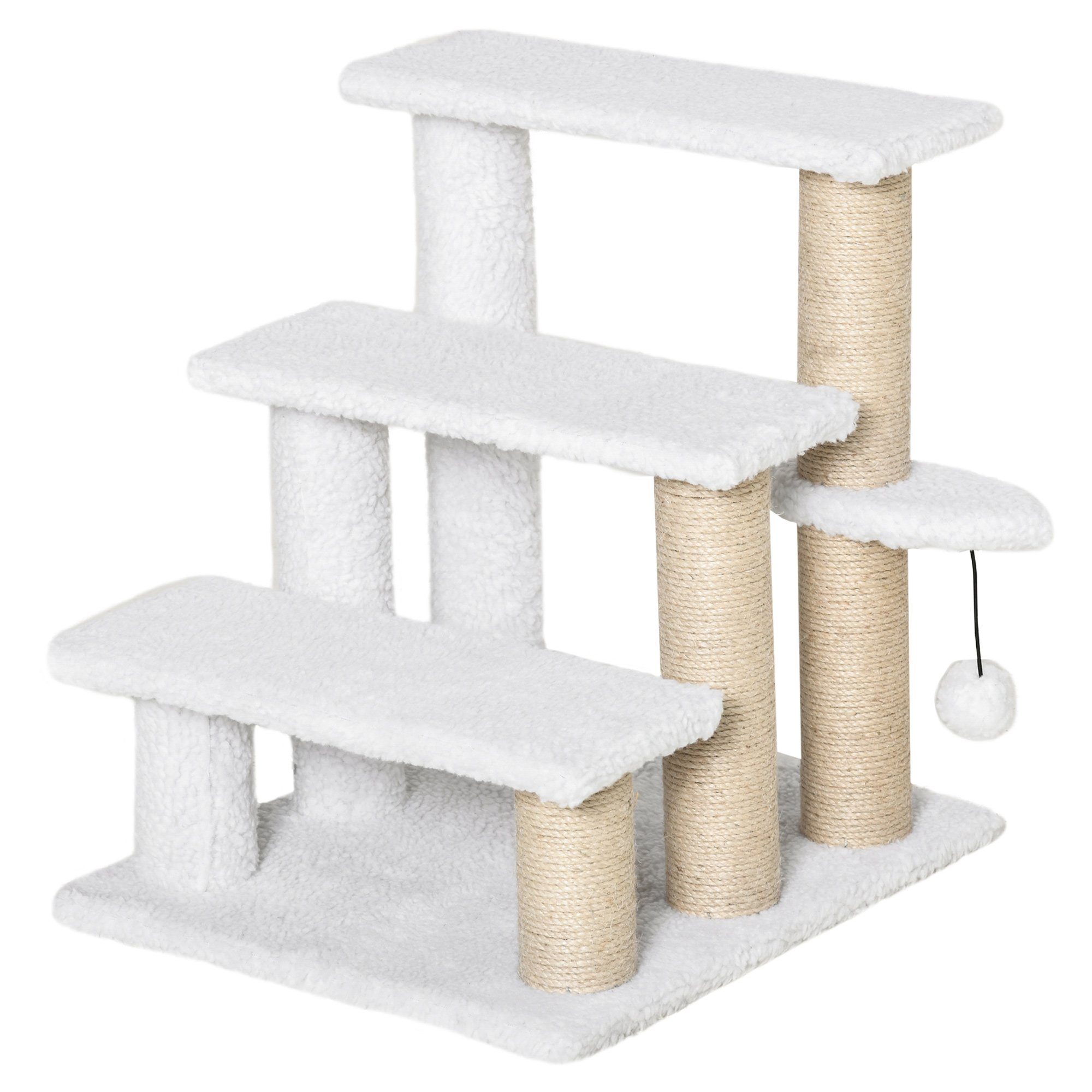 PawHut Kratzbaum 3-stufige Katzentreppe Tiertreppe Spanplatte Plüsch Jute Weiß, 45L x 40B x 48H cm