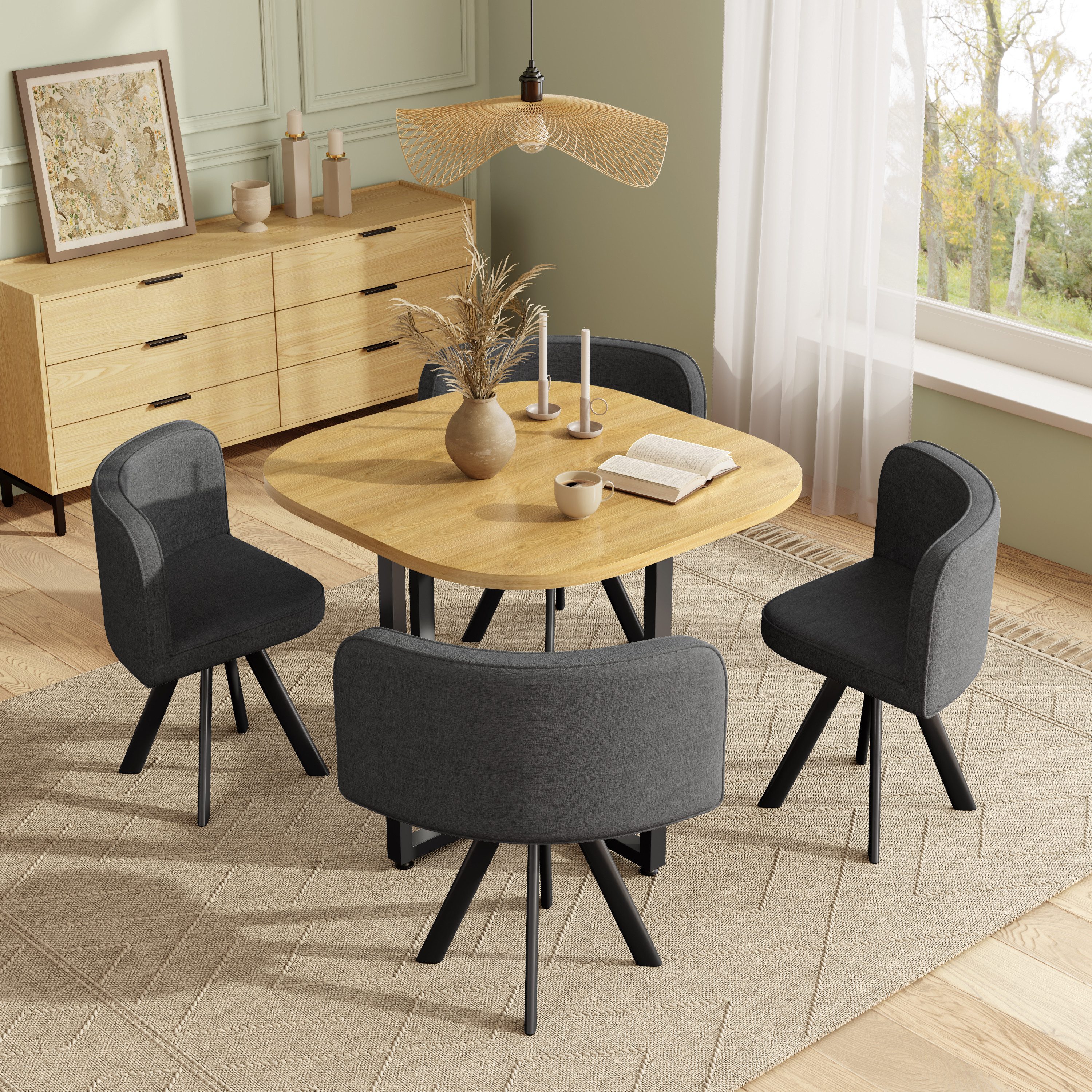 Flieks Essgruppe Esstisch mit 4 Stühlen, (Set, 5-tlg., Tisch mit 4 Stühlen), quadratisch Küchentisch in Eichenfarbe, Esszimmerstühle Leinen Grau