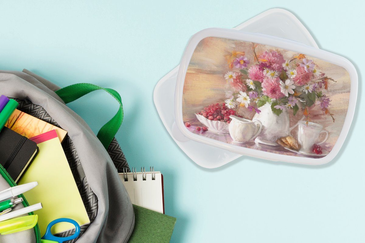 Blumen Erwachsene, weiß und Gemälde - für für und Kinder - Mädchen MuchoWow - Brotdose, Jungs Kunststoff, Ölfarbe, (2-tlg), Lunchbox Brotbox Vase