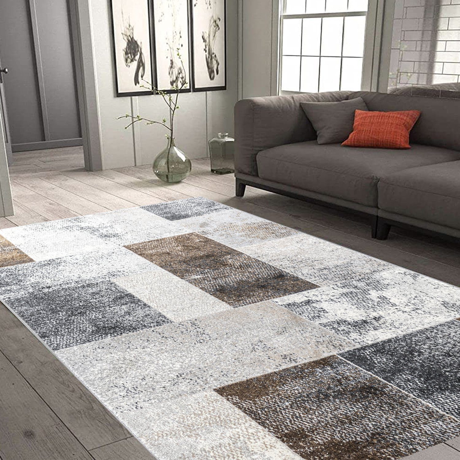 Carpetilla Designteppich Designer Wohnzimmer Teppich Palmas Teppich Kästchenmuster Grau Braun, Rechteckig, Höhe: 10 mm, Kurzflor, Wohnzimmer, Kinderzimmer