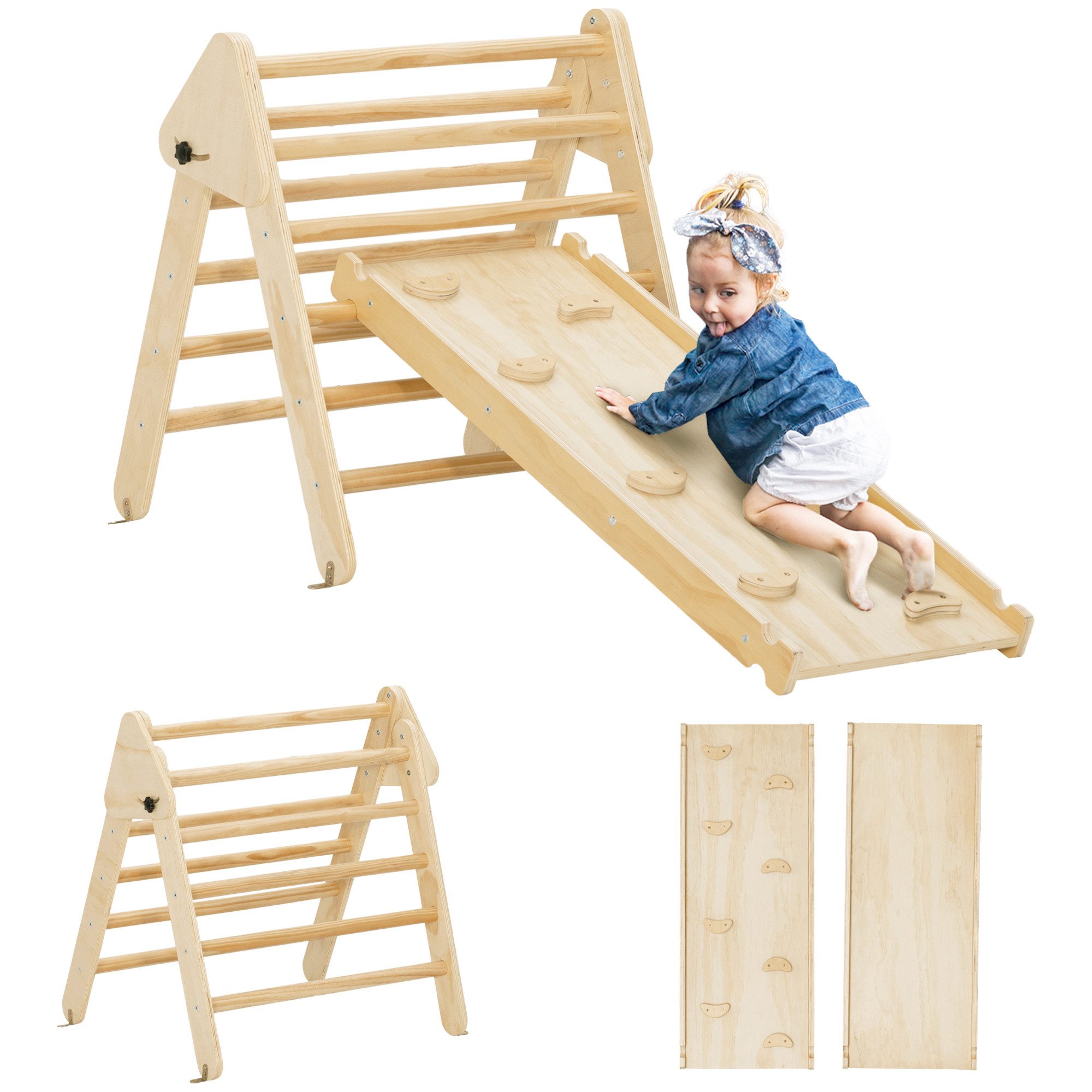 AIYAPLAY Klettergerüst 2 in 1 Set mit Rutsche, aus Holz, (Kletterspielzeug, 2-St., Kletterdreieck zum Rutschen und Klettern), für Kinder 1,5-4 Jahre, Indoor, Naturholz