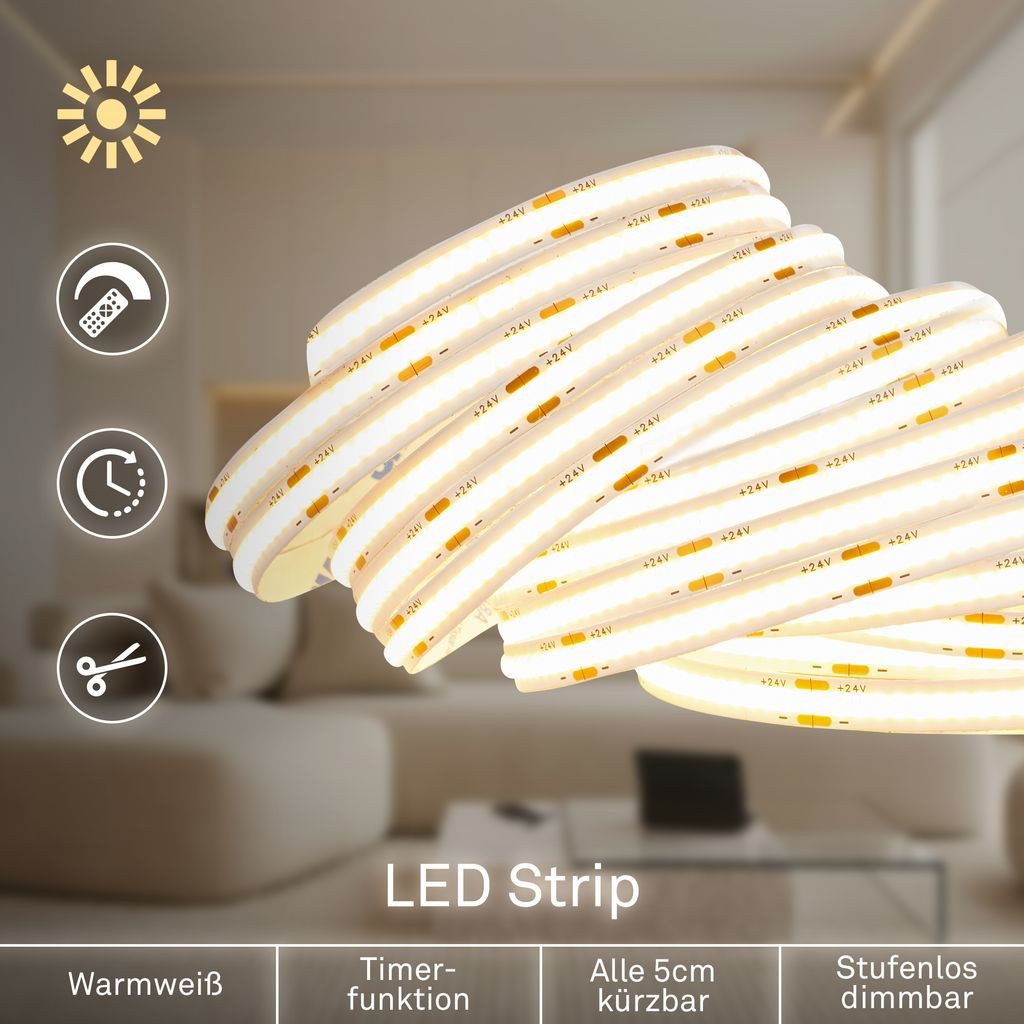Briloner Leuchten LED-Streifen COB LED Strip Dimmbar Fernbedienung Selbstklebend Kürzbar, 1-flammig, 5 m, Wohnzimmer, Schlafzimmer, Flur
