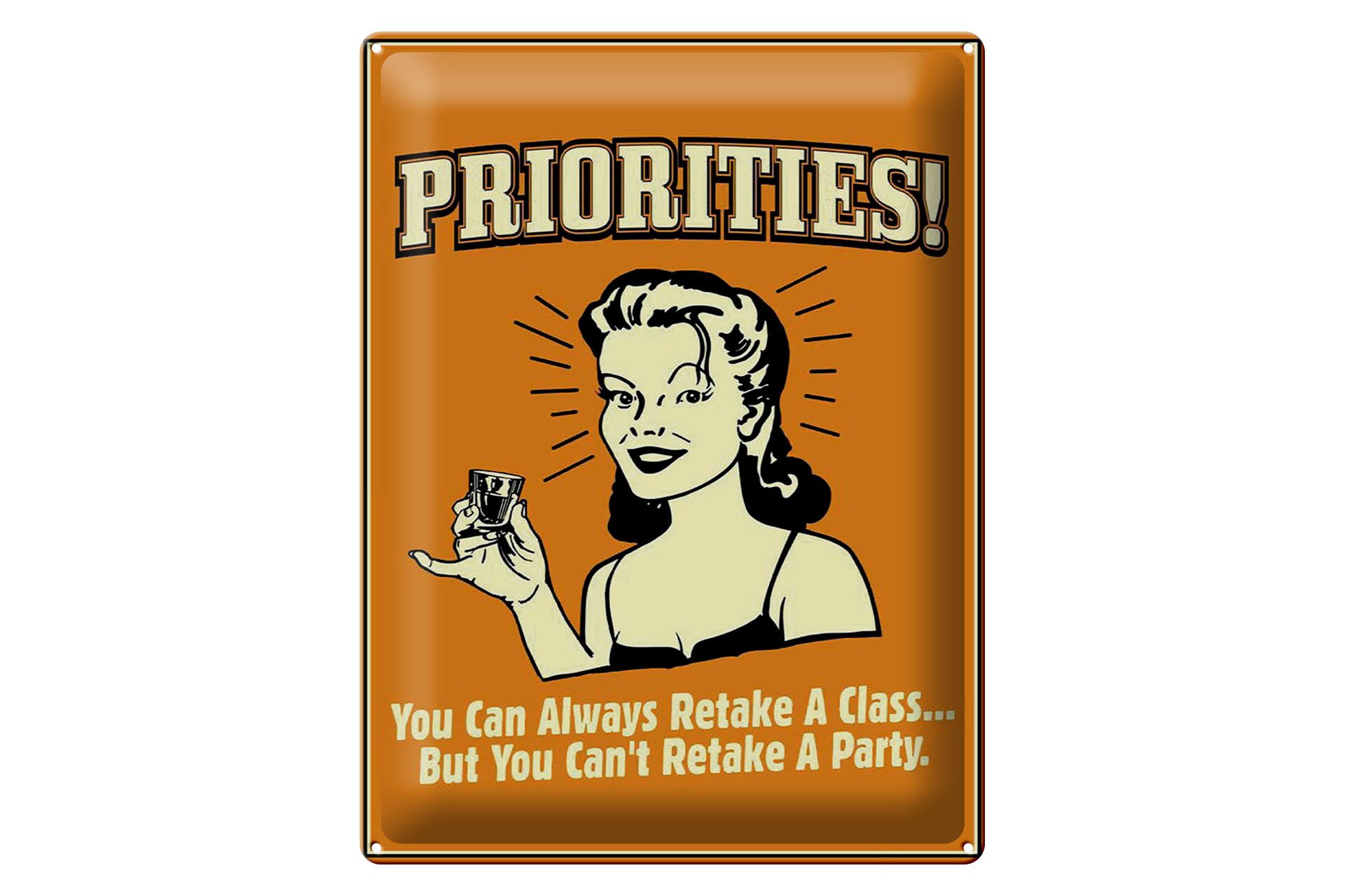 Femer GmbH Metallschild Spruch 30x40 cm Priorities You can always retake a class, (1 St), gewölbte Oberfläche, abgerundete Ecken, umgeschlagene Kanten