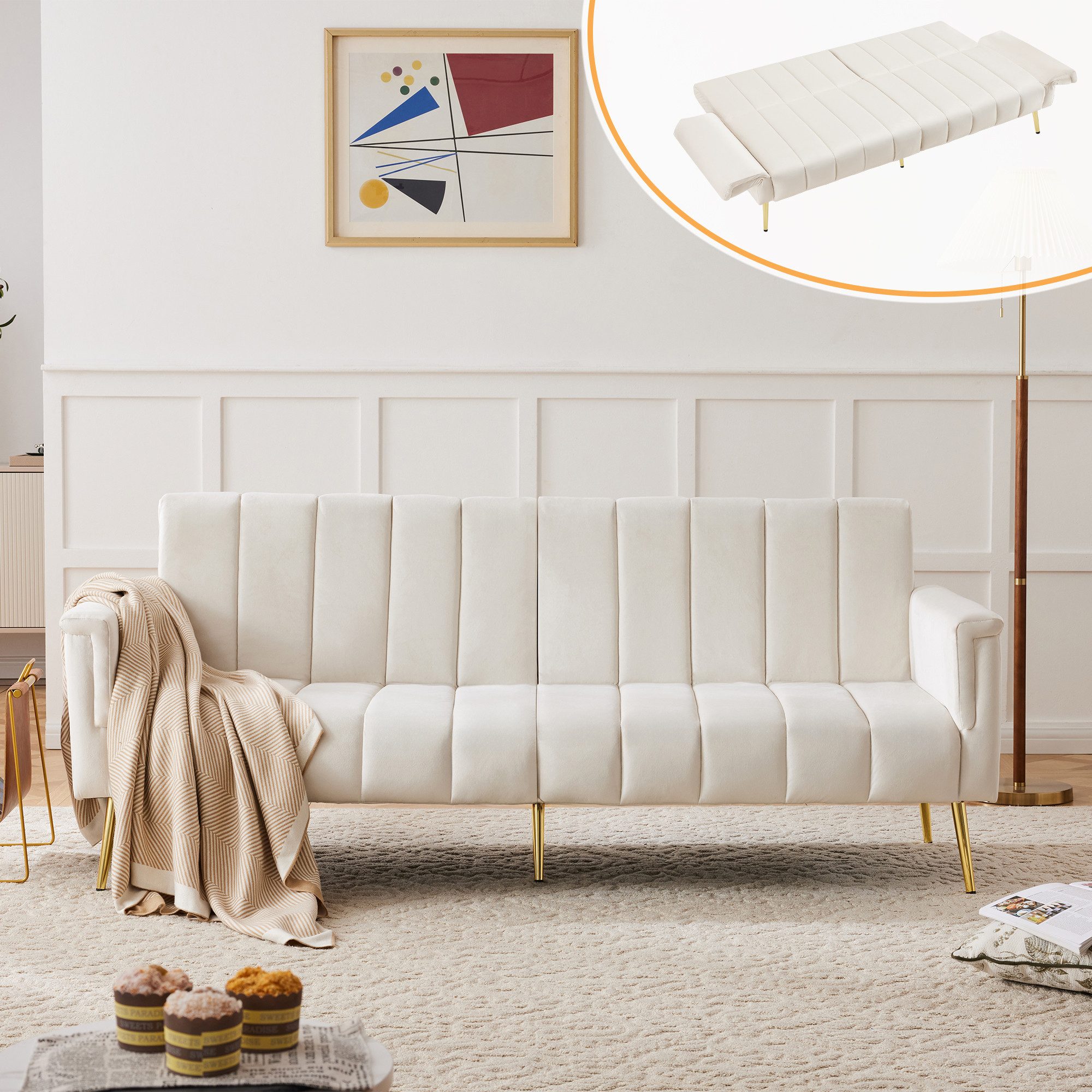Flieks Schlafsofa klappbares Sofa mit Schlaffunktion, mit verstellbarer Rückenlehne und Armlehnen 2 Teile, Polstersofa Bettsofa mit Relaxfunktion Gästebett Liegesofa Samt