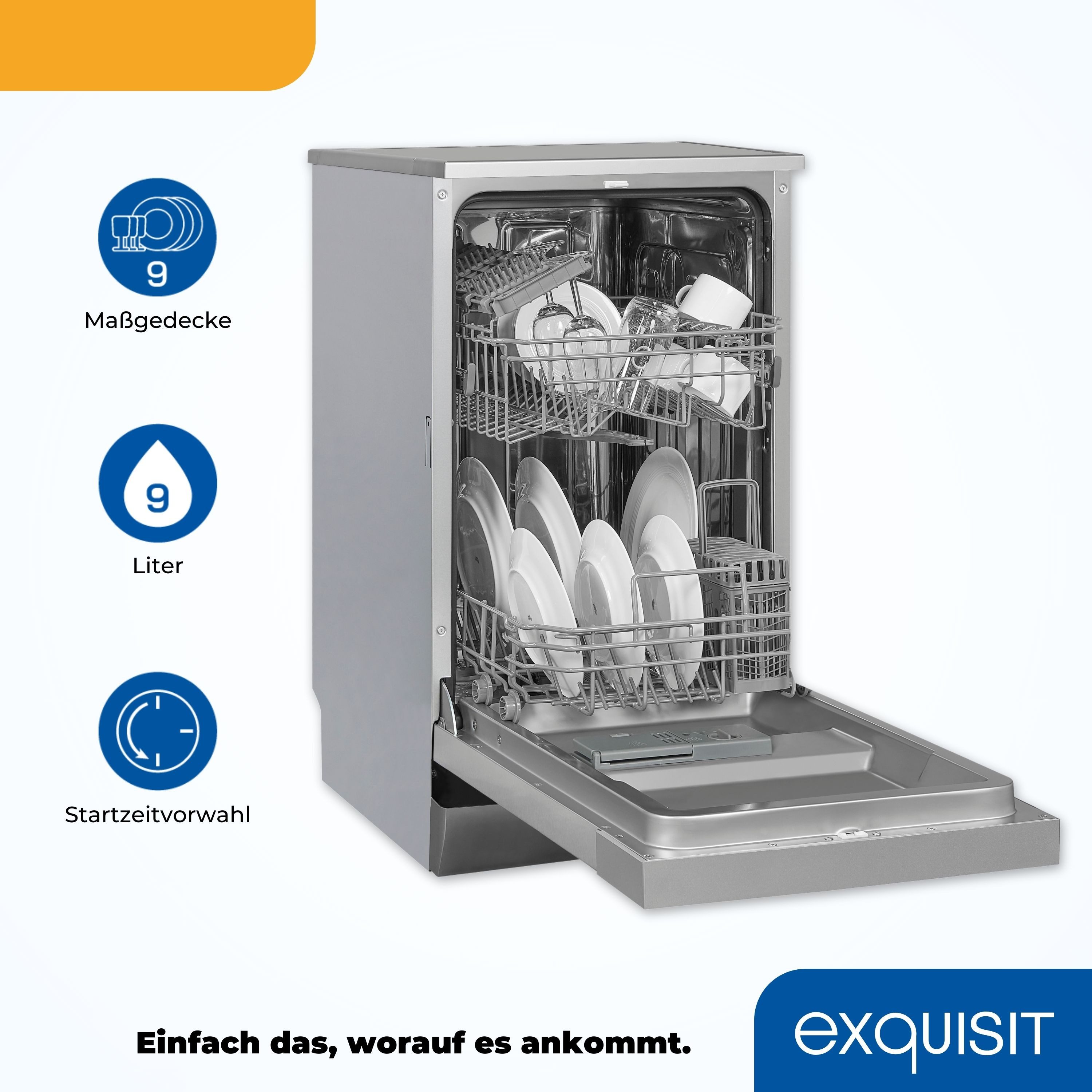 exquisit Standgeschirrspüler GSP9109-030E, 9 Maßgedecke, Kompakt und ideal für kleine, schmale Nischen, kleine(Single)Haushalte – Bild 4 von 5