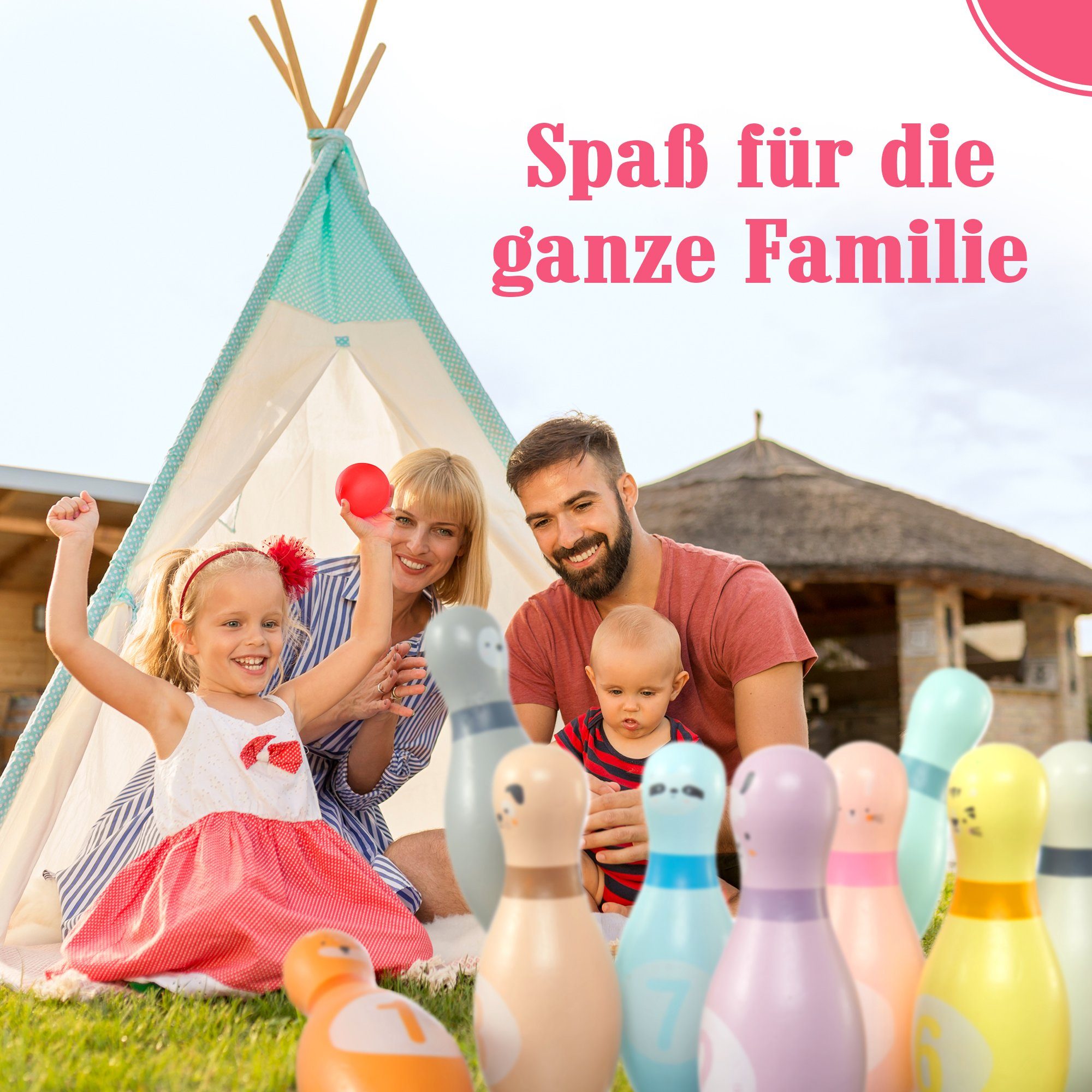 Pink Papaya Spiel Kegelspiel für Kinder Kids Bowling Set, Familienspiel, Indoor & Outdoor, Robust und liebvevoll gestaltet