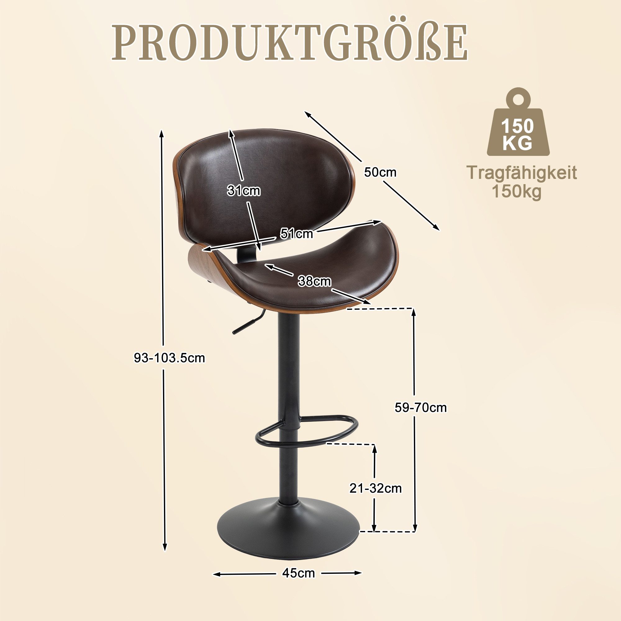 LVHOM Barhocker 360°dreh-/höhenverstellbare Barstühle,Holzrahmen,Lederkissen, 2er Set (PU-Leder, gebogene Rückenlehne, Bistrohocker mit Fußstütze, runder Fuß (45 cm Durchmesser), Belastbarkeit 150 kg), pflegeleicht, geeignet für Küchen, Bars und Balkonpartys
