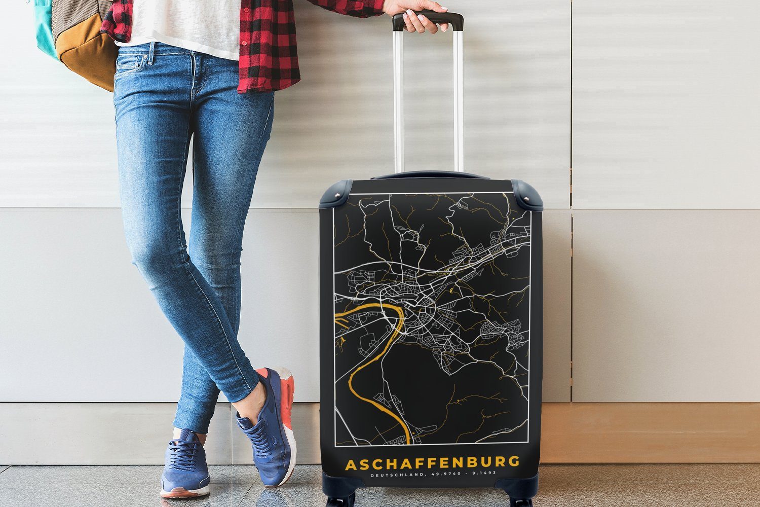 Reisetasche mit - Stadtplan - Aschaffenburg, Rollen, für Ferien, Gold 4 Karte - Handgepäckkoffer Handgepäck Trolley, Reisekoffer rollen, Deutschland MuchoWow -