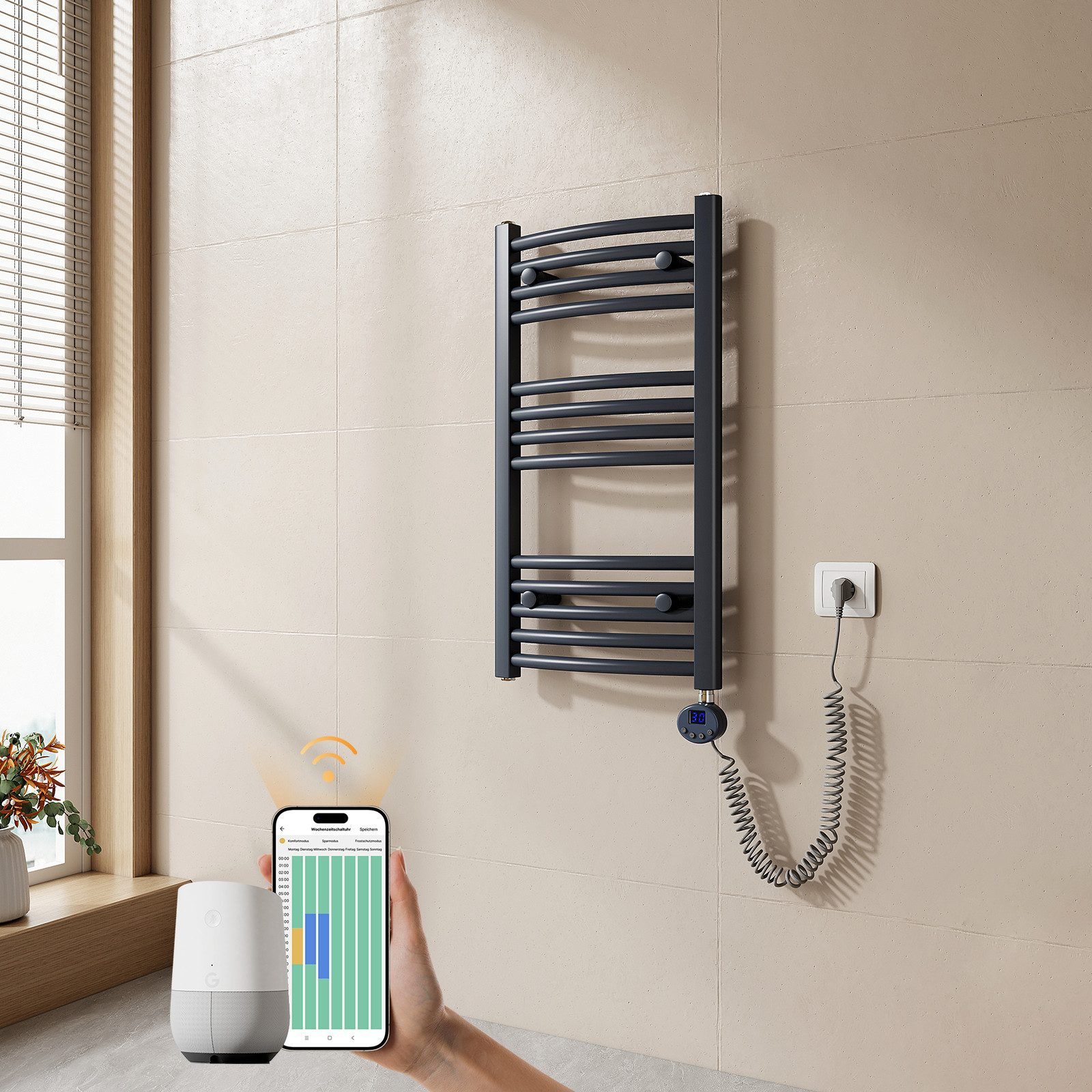EMKE Elektrischer Badheizkörper mit Wifi APP Steuerung Thermostat Höhe: 120, 500/600W, 4 Heizmodi, 7-Tage-Timer, Boost & Frostschutz Gebogener Handtuchwärmer