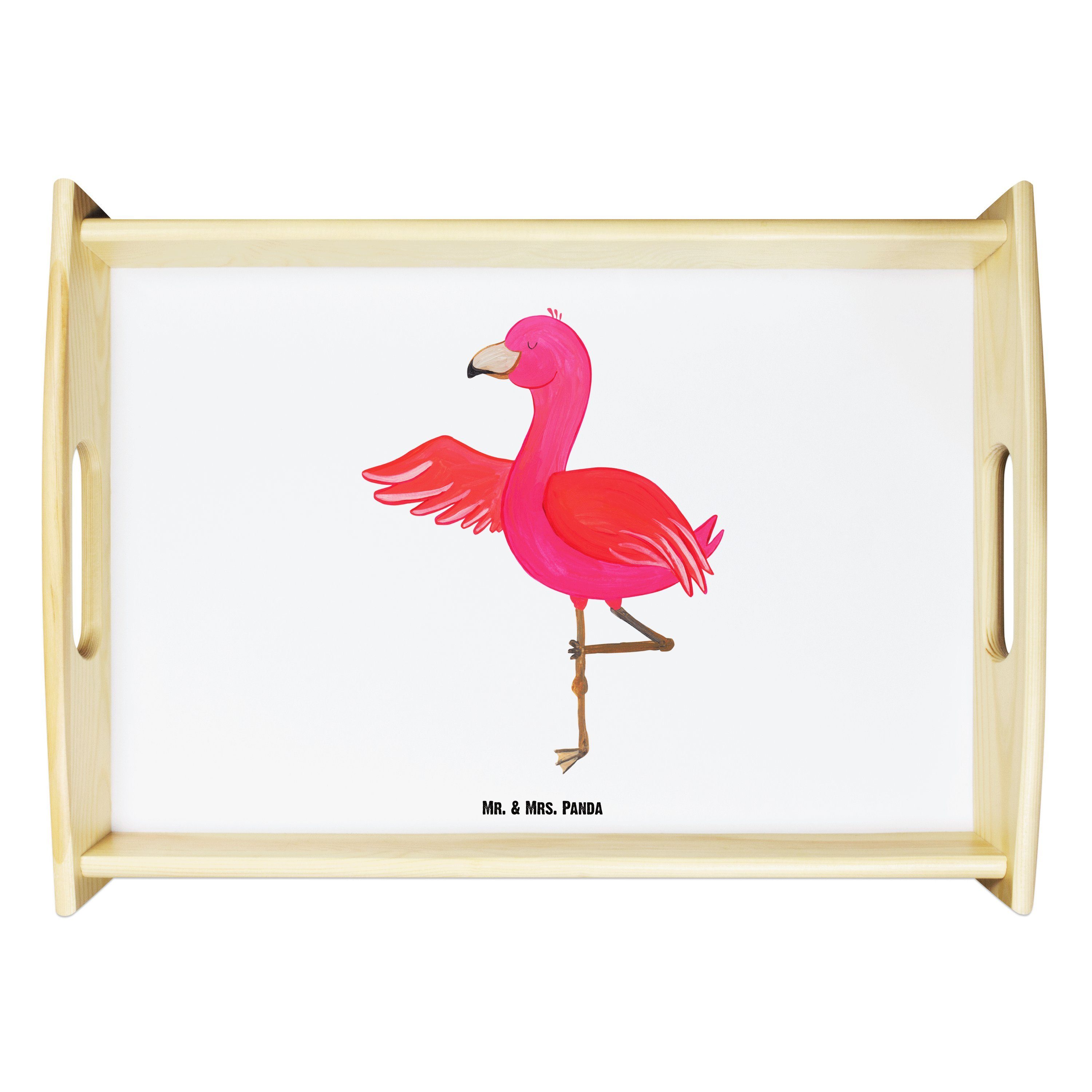 Mr. & Mrs. Panda Dekotablett, - Tablett Weiß Flamingo lasiert, Geschenk, Yoga En, - (1-tlg) Küchentablett, Rosa, Echtholz