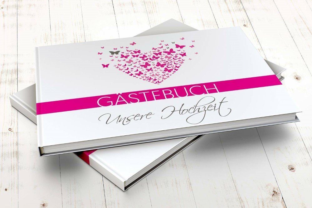 bigdaygraphix Notizbuch Hochzeitsgästebuch A4 Schmetterling Pink, Vorgefertigte Fragen für besondere Einträge.