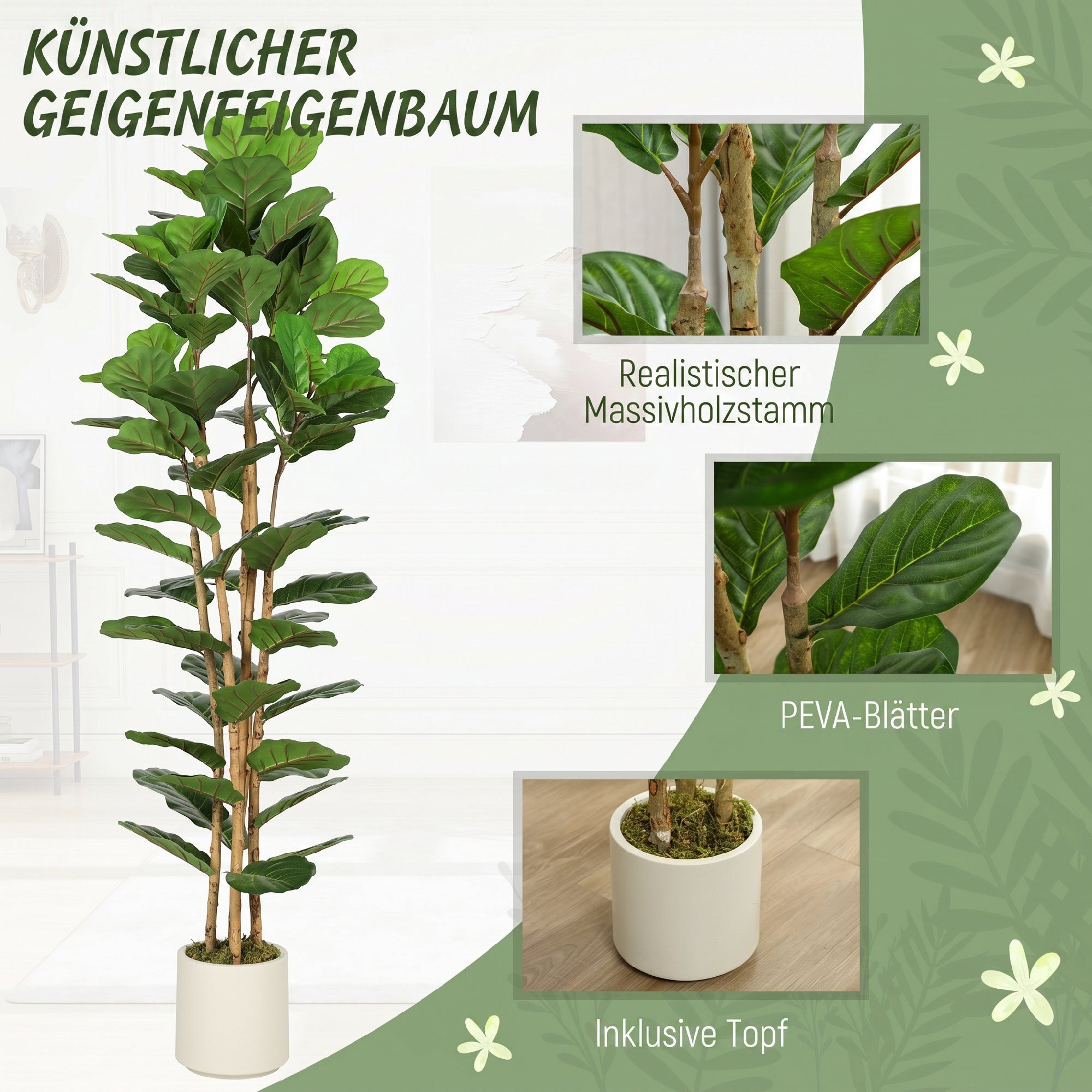 Kunstpflanze Massivholzstamm, 91 Blätter Geigenfeige, HOMCOM, Höhe 180 cm, für Wohnzimmer, Schlafzimmer, Büro, Garten, Grün – Bild 4 von 5