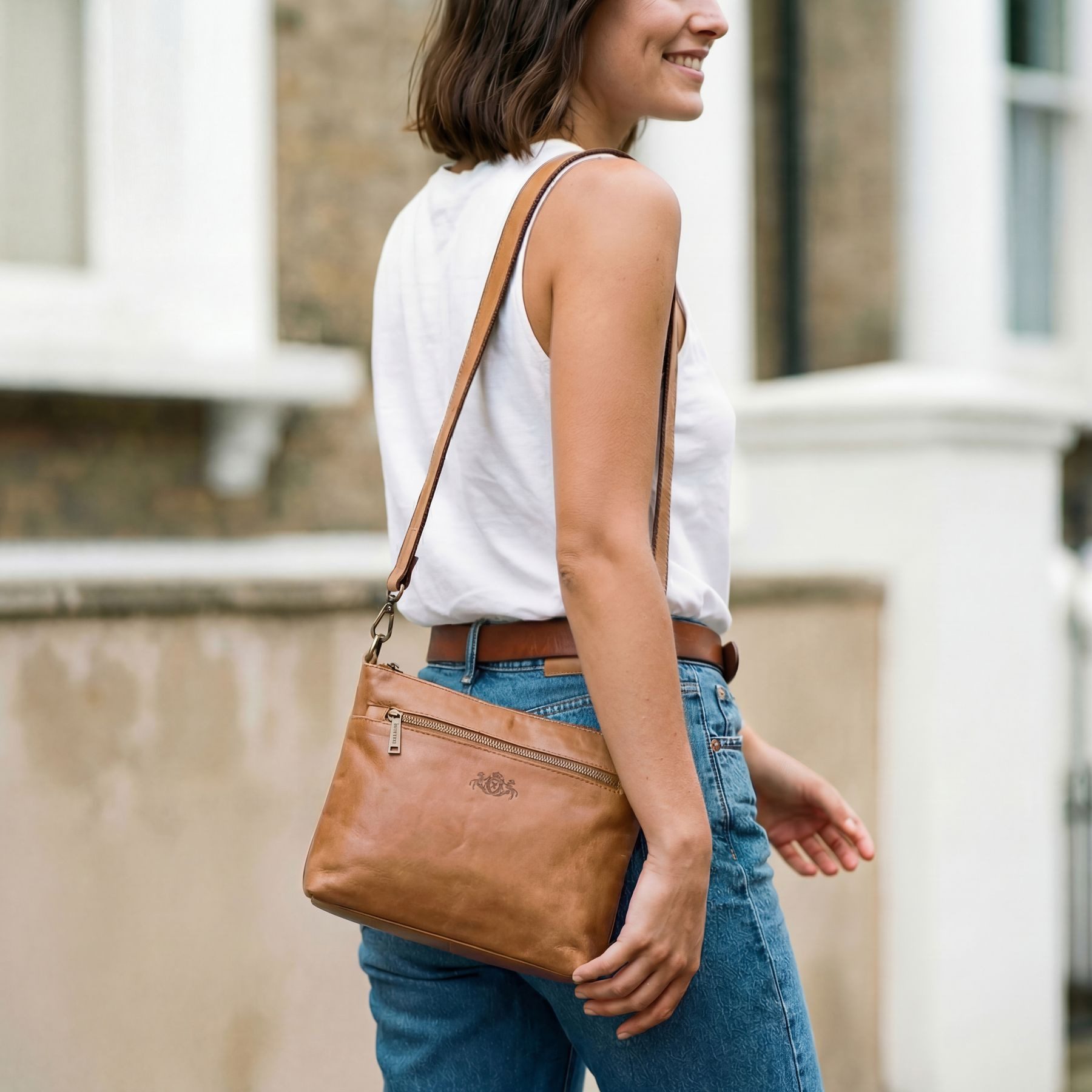 SID & VAIN Umhängetasche SAGE Umhängetasche Cross-Body Bag echt Leder, Ledertasche Schultertasche Damen Crossbody braun