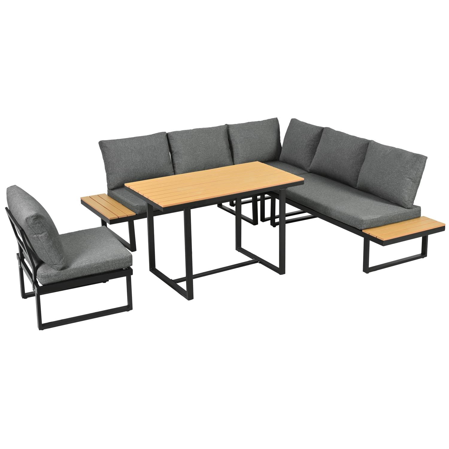 autolock Gartenlounge-Set Garten-Essgruppe,Gartenmöbel-Set,Eckstellung,verzinktes Stahlrohr, mit verstellbarer Neigefunktion,Tischplatte+Esstisch,Kunststoff-Holz