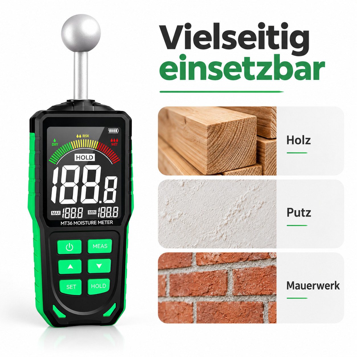 TSE Feuchtigkeitsmesser MILFECH Feuchtigkeitsmessgerät Wand 5–40 mm USB-C 3-Zoll Farbdisplay, (Feuchtigkeitsmessgerät), Zerstörungsfreie Messung, automatische K – Bild 4 von 5
