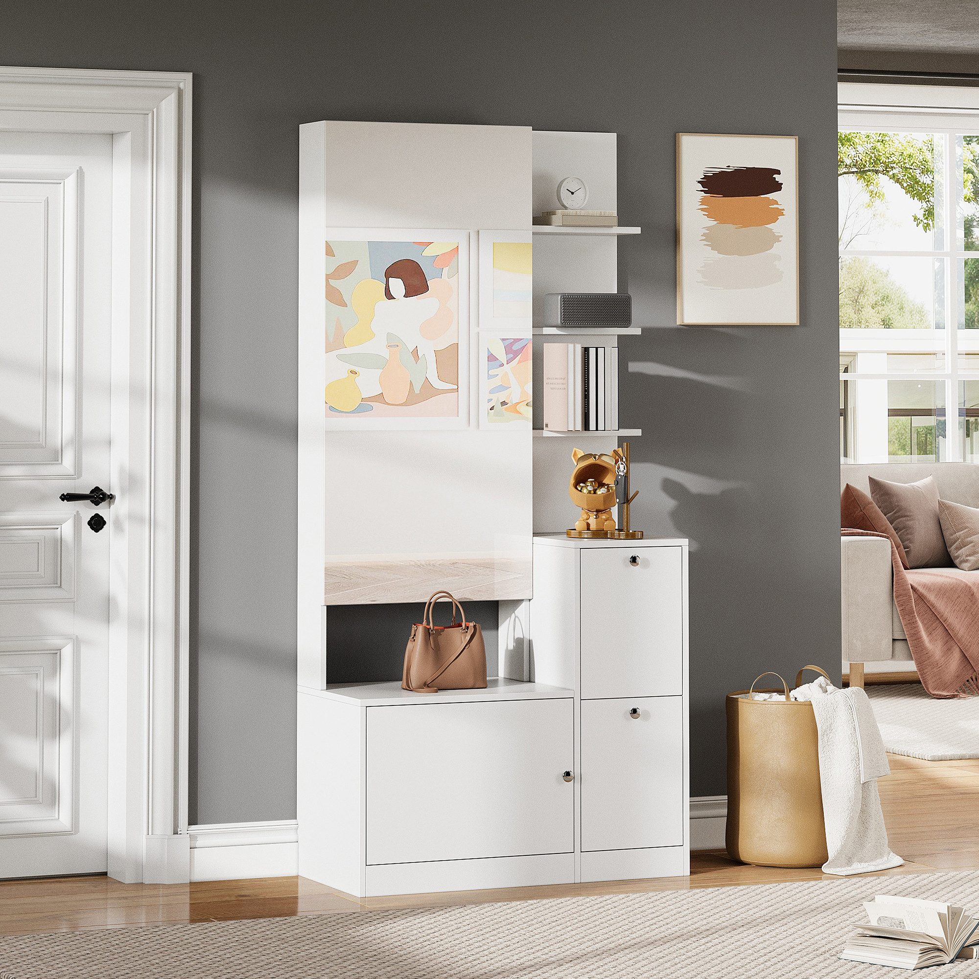 Merax Garderoben-Set Schmaler Flurschrank mit Spiegel & Schuhaufbewahrung, (1-St), Möbelset Kompaktgarderobe mit 2 Türen und 5 Ablageflächen, 85x40x180cm