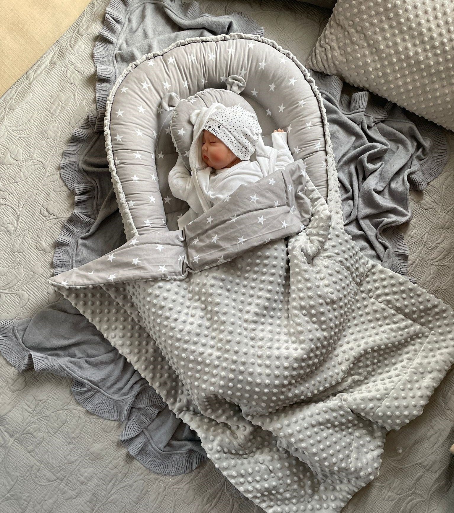 Bettnestchen MINKY/ Baumwolle BABYNEST Babykokon Geschenk Babyausstattung SETS