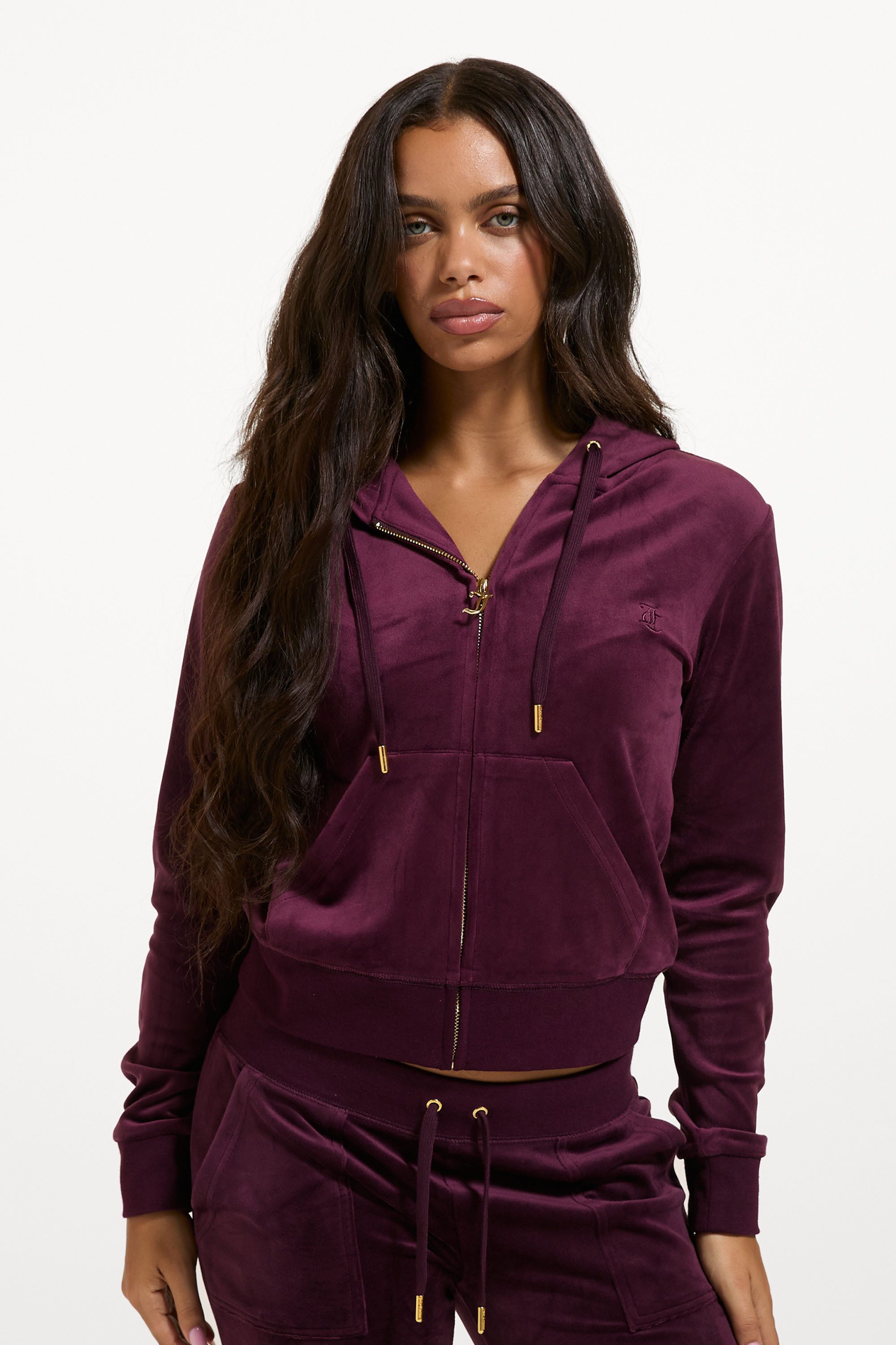 Juicy Couture Kapuzennickijacke ROBERTSON HOODIE GOLD HARDWARE Damen Trainingsjacke Damen, Sweatjacke mit Kapuze, Velour, mit Glitzer, Sale