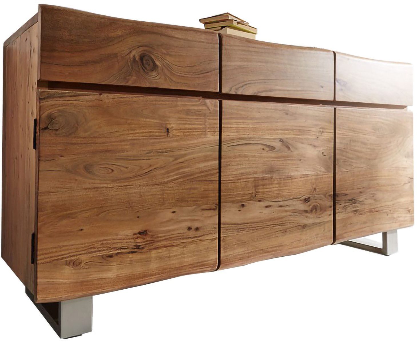 DELIFE Sideboard Live-Edge, Akazie Natur 147 cm 3 Türen 3 Schübe Baumkante Sideboard