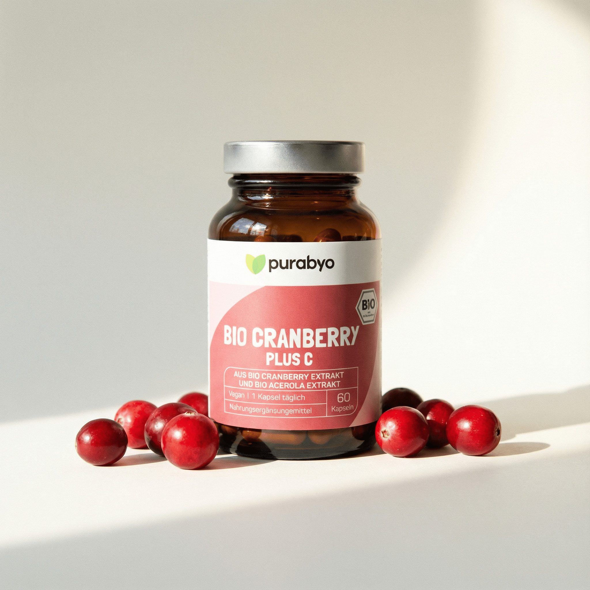 Purabyo Bio Cranberry plus C, 600 mg Bio Cranberry Extrakt, im Glas Kapsel, 1 er 61 g