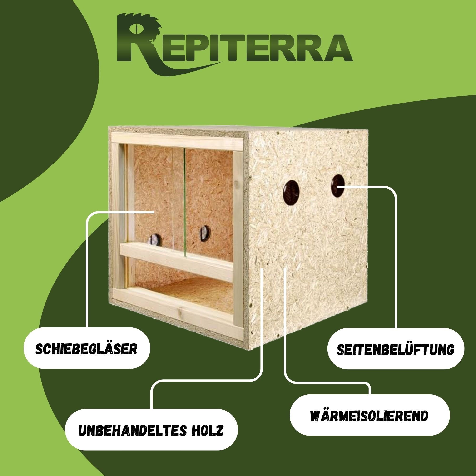 Repiterra Terrarium Holzterrarium mit Glasfront mit Seitenbelüftung 40x40x40 cm hochwertig, inklusive Thermo-Hygrometer - sehr gute Wärmeisolierung