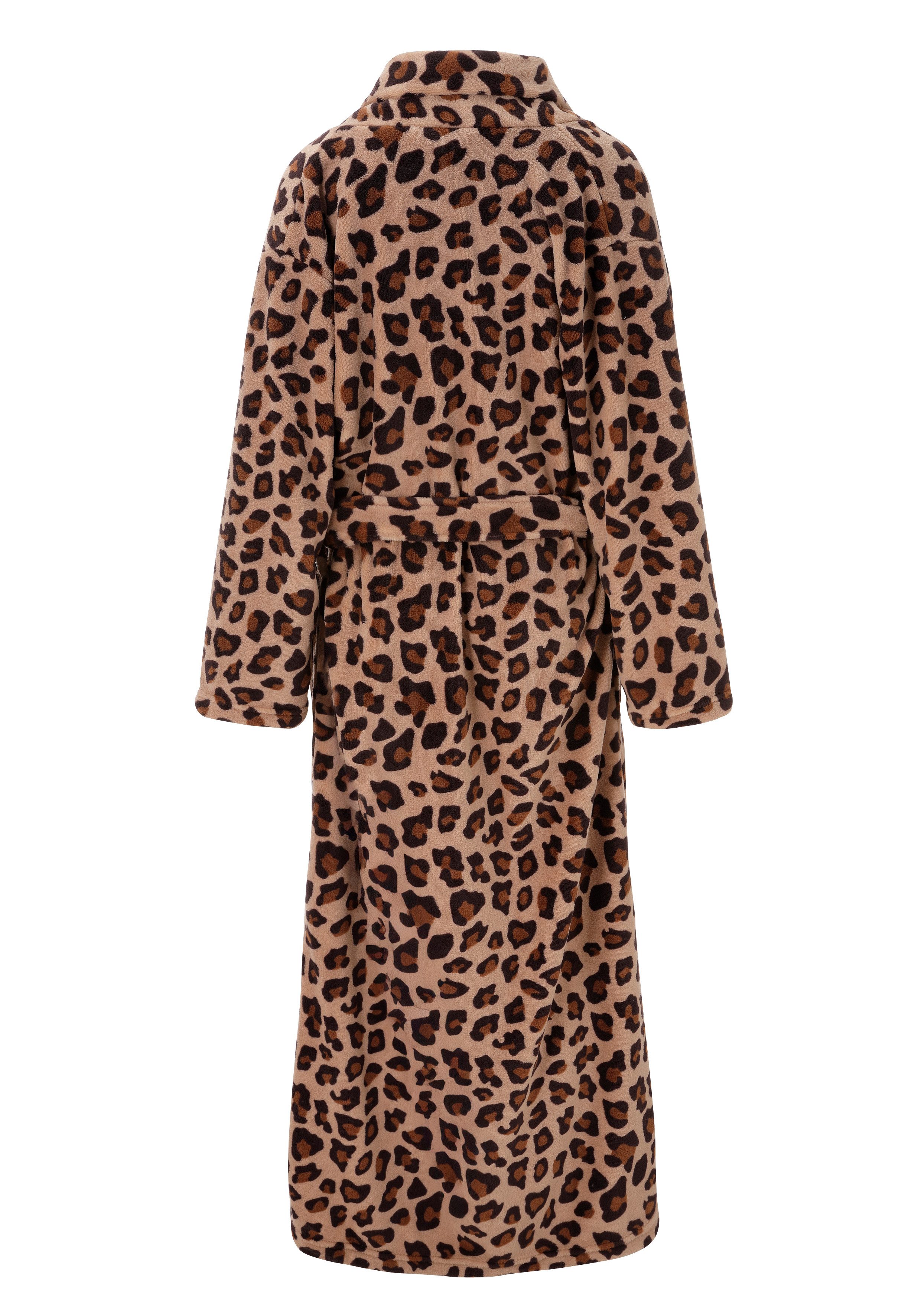 OTTO home Unisex-Bademantel Leo, ideal für Sauna, Spa & im Urlaub, modern, extra lang, Langform, Microfaser, Schalkragen, Gürtel, Animal Print, weich und kusche – Bild 4 von 5