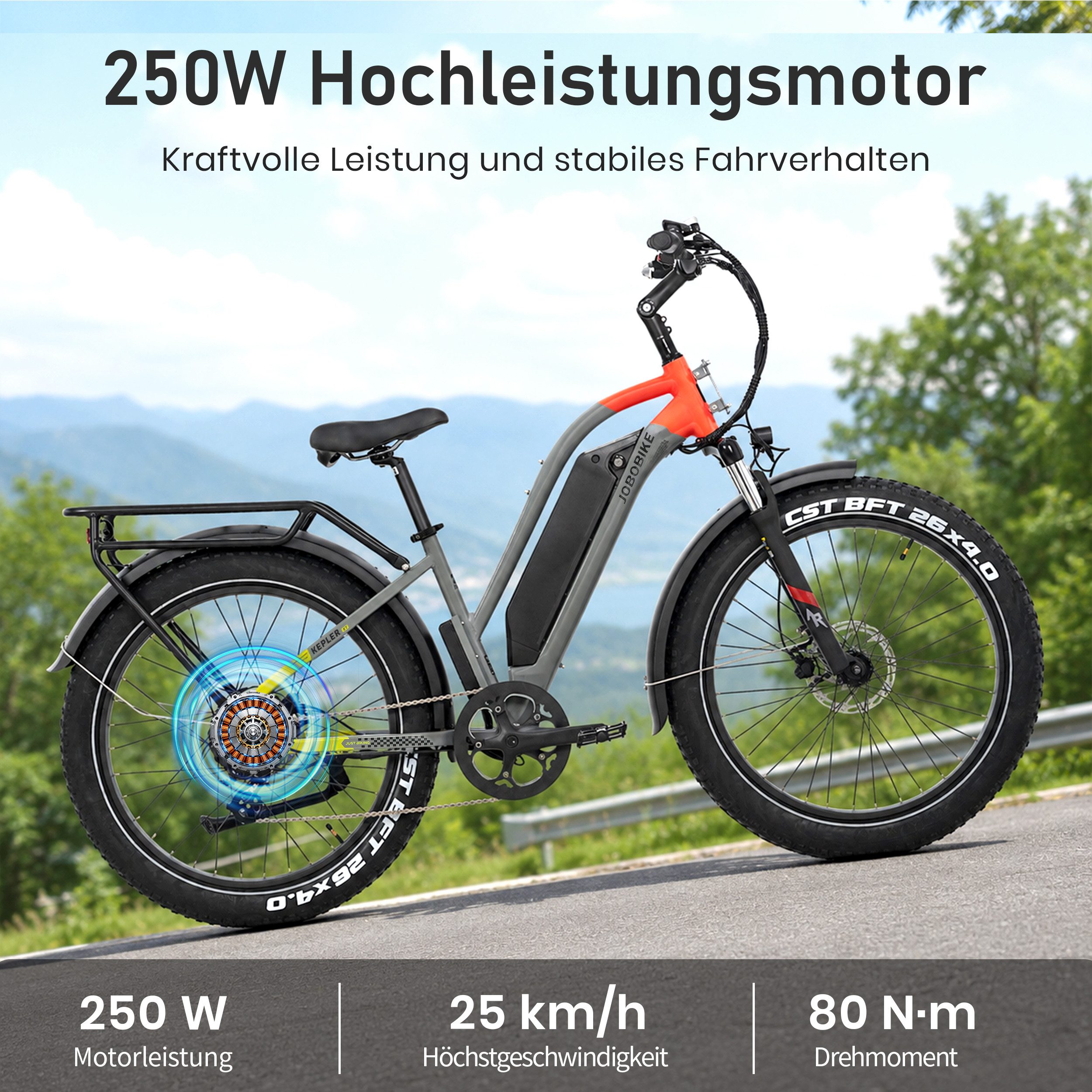 JOBOBIKE E-Bike Mountainbike 26 Zoll, Kepler, bis zu 180km, Bremslicht und Blinker, Fatbike, MTB, 7 Gang Shimano, Kettenschaltung, Heckmotor, 960 Wh, (Bafang-Hinterradmotor, Aluminiumrahmen, 4,0 Zoll CST-Fatbike-Reifen), Elektrofahrrad für Stadtverkehr, Touren und All-Terrain-Einsätze