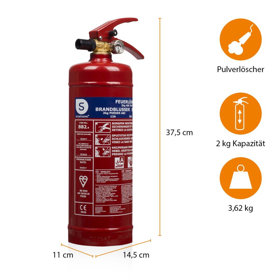 smartwares Pulver-Feuerlöscher 10.014.68, 2 kg Trockenpulver Brandklasse ABC BSI zertifiziert BB2