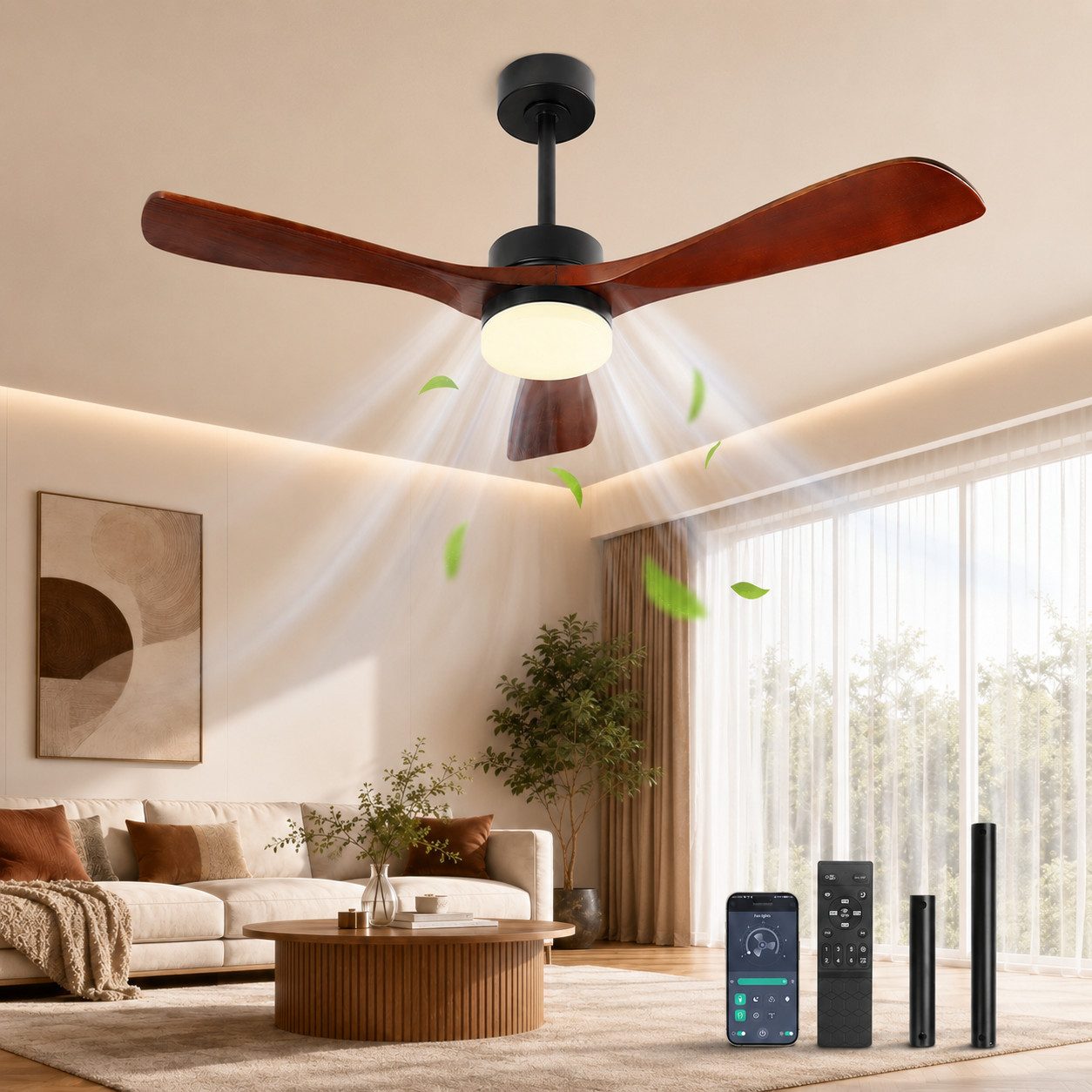 Lapalife Deckenventilator mit Beleuchtung, Holz Flügeln Leise Ventilator, 132CM, Dimmbar, 6 Geschwindigkeiten, Höhenverstellbar, Fernbedienung&APP, Timer