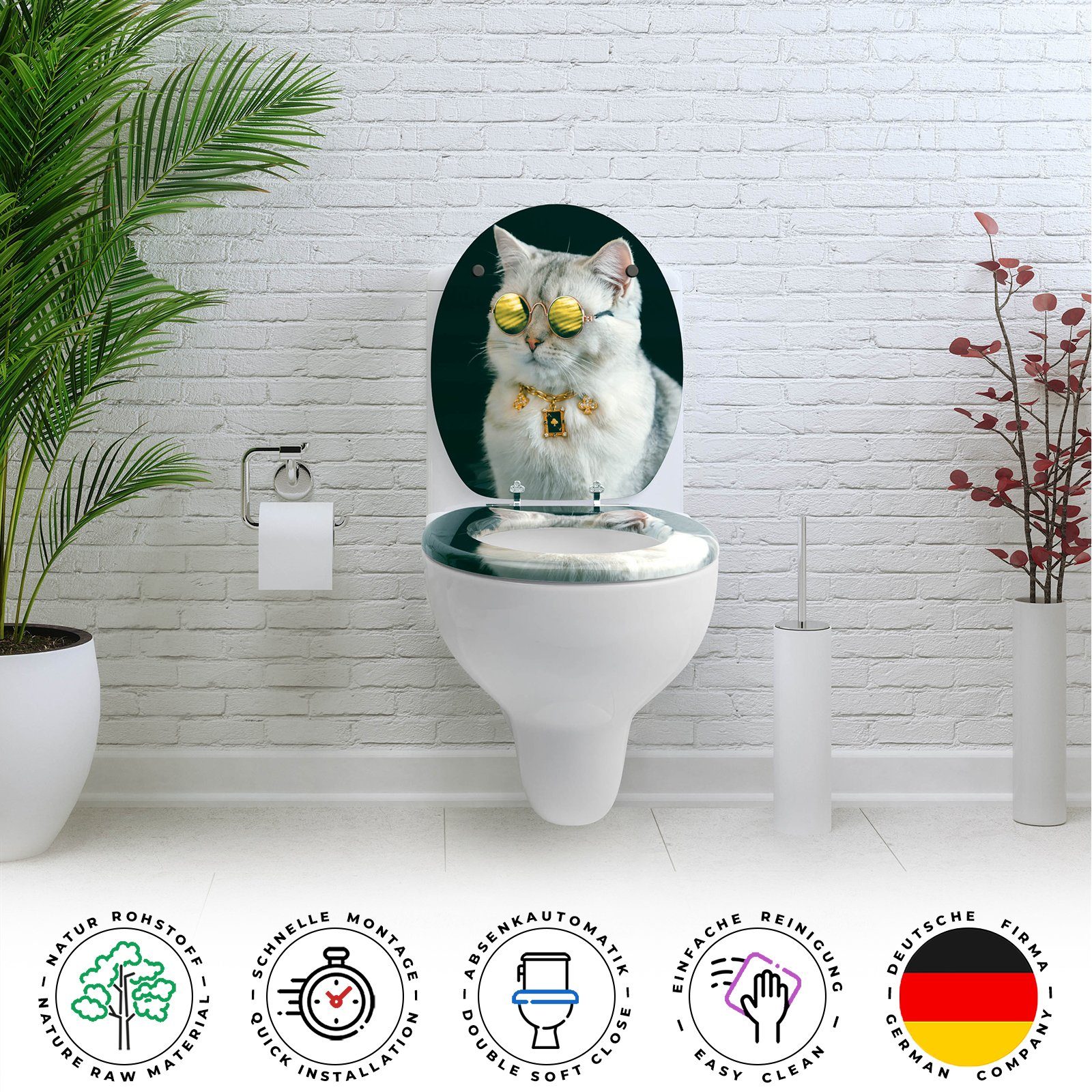Sanfino WC-Sitz "Boss Cat" Premium Toilettendeckel mit Absenkautomatik aus Holz, mit schönem Katzen-Motiv, hohem Sitzkomfort, einfache Montage – Bild 4 von 5