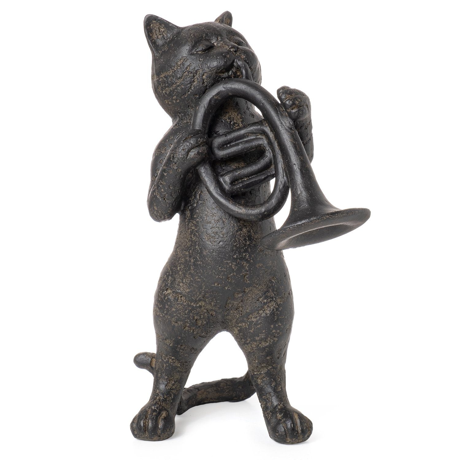 Moritz Dekofigur Deko Figur Katze mit Horn Instrument, Katzen Dekofigur Skulptur Figur Dekoration Statue Gartenfigur Kätzchen