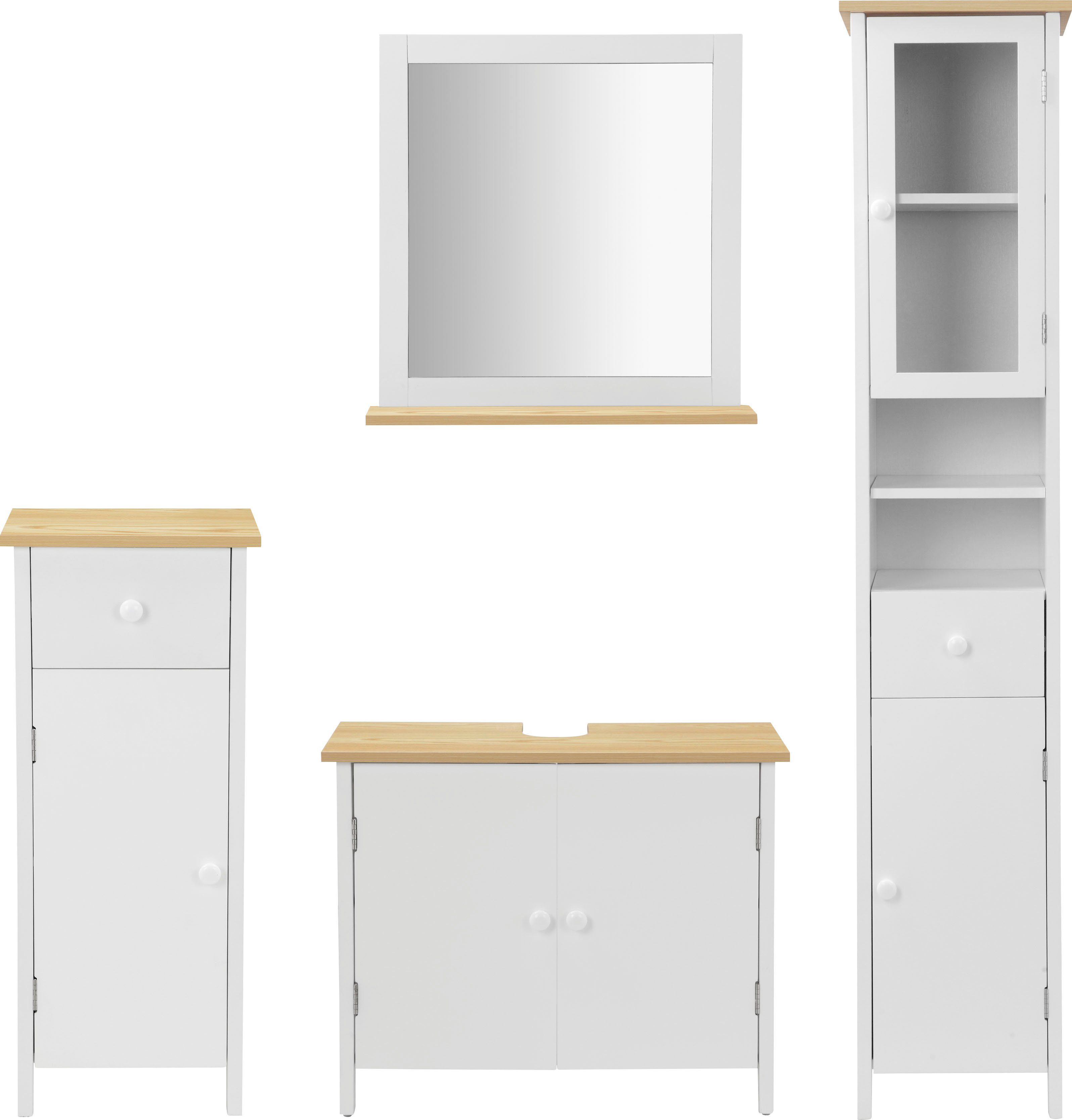 welltime Badmöbel-Set Amrum Badschrank, Hochschrank Komplettset, (Komplett-Set, 4-St., 4 teilig), Badezimmer Möbel Set, Waschbeckenunterschrank, Spiegel