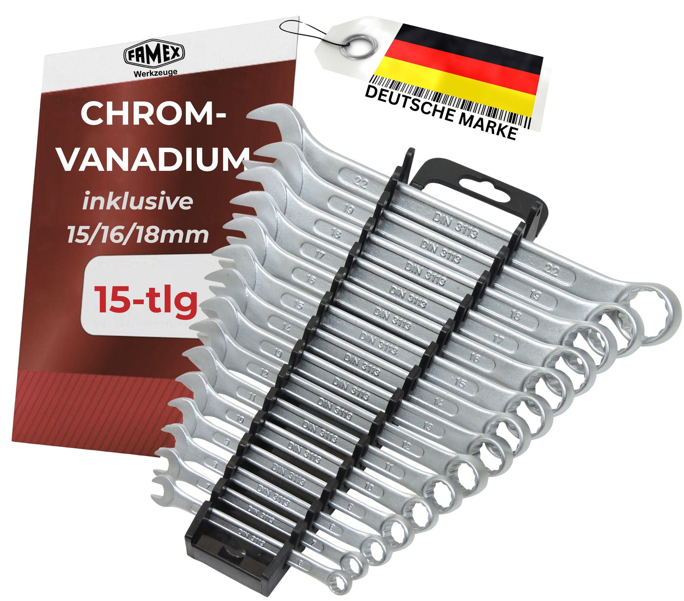 FAMEX Gabel- und Ringschlüssel 10355-15 Ringmaulschlüssel Satz (Gabelringschlüssel Set, 15 St), aus CV-Stahl