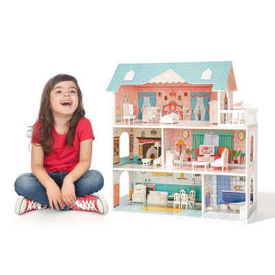 Dedom Puppenhaus Puppenhaus,Traumvilla,mit 5 Zimmern und 1 Balkon, 25 wunderschön realistischen Plastikmöbeln,Puppenhaus aus Holz,kinderspielzeug für Jungen und Mädchen