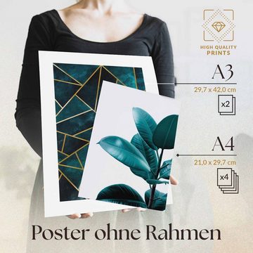 Heimlich Poster Set als Wohnzimmer Deko, Bilder DINA3 & DINA4, Abstrakt Blatt Gold, Pflanzen
