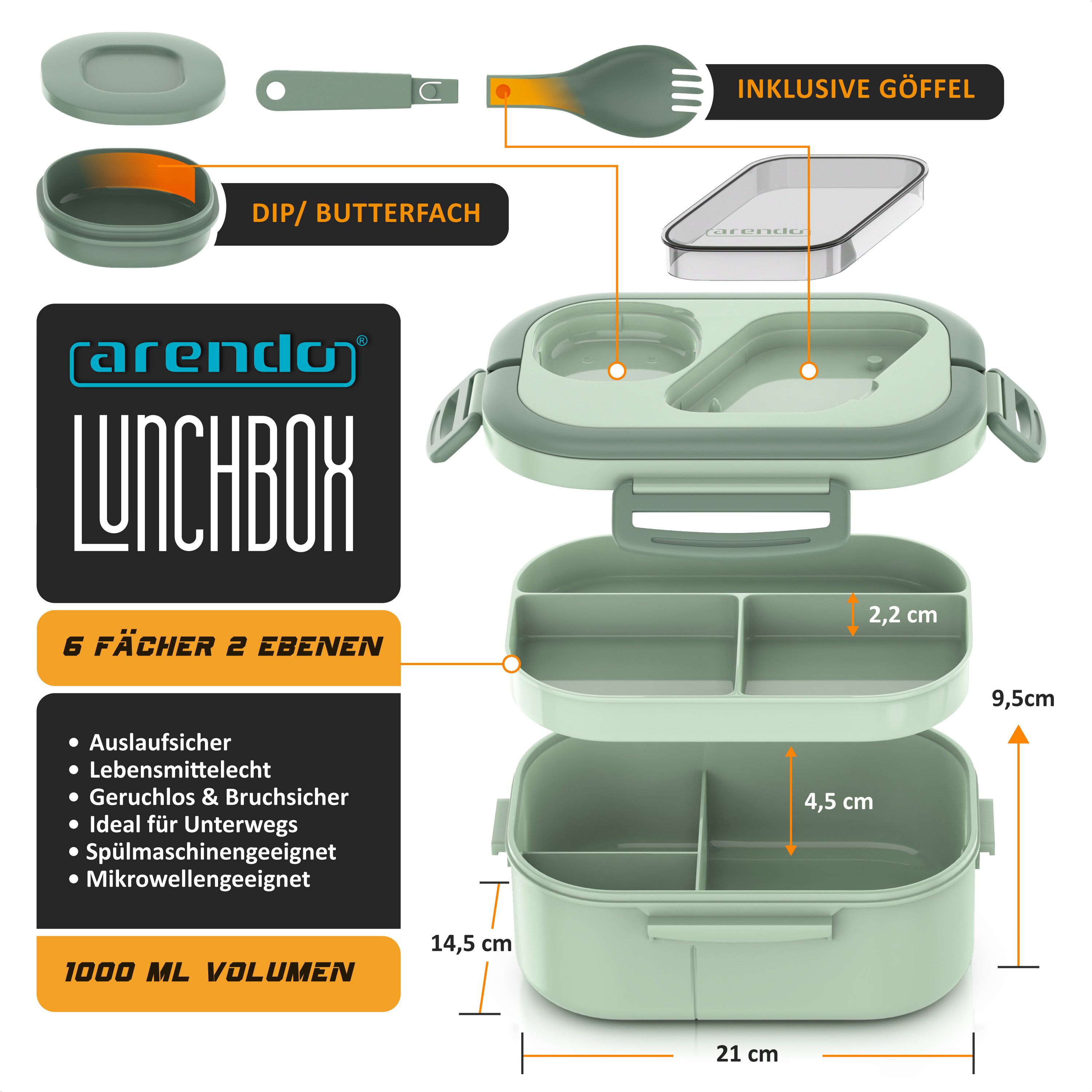 Arendo Lunchbox Bento Box Zweistöckig mit Fächern, Tragegriffen & Besteck, Brotdose, Polyprophylen (PP), (Set, 4-tlg., 6 Fächer plus Butterdose und Besteckfach), Auslaufsicher, mikrowellen- & spülmaschinengeeignet, BPA-frei, 1000 ml