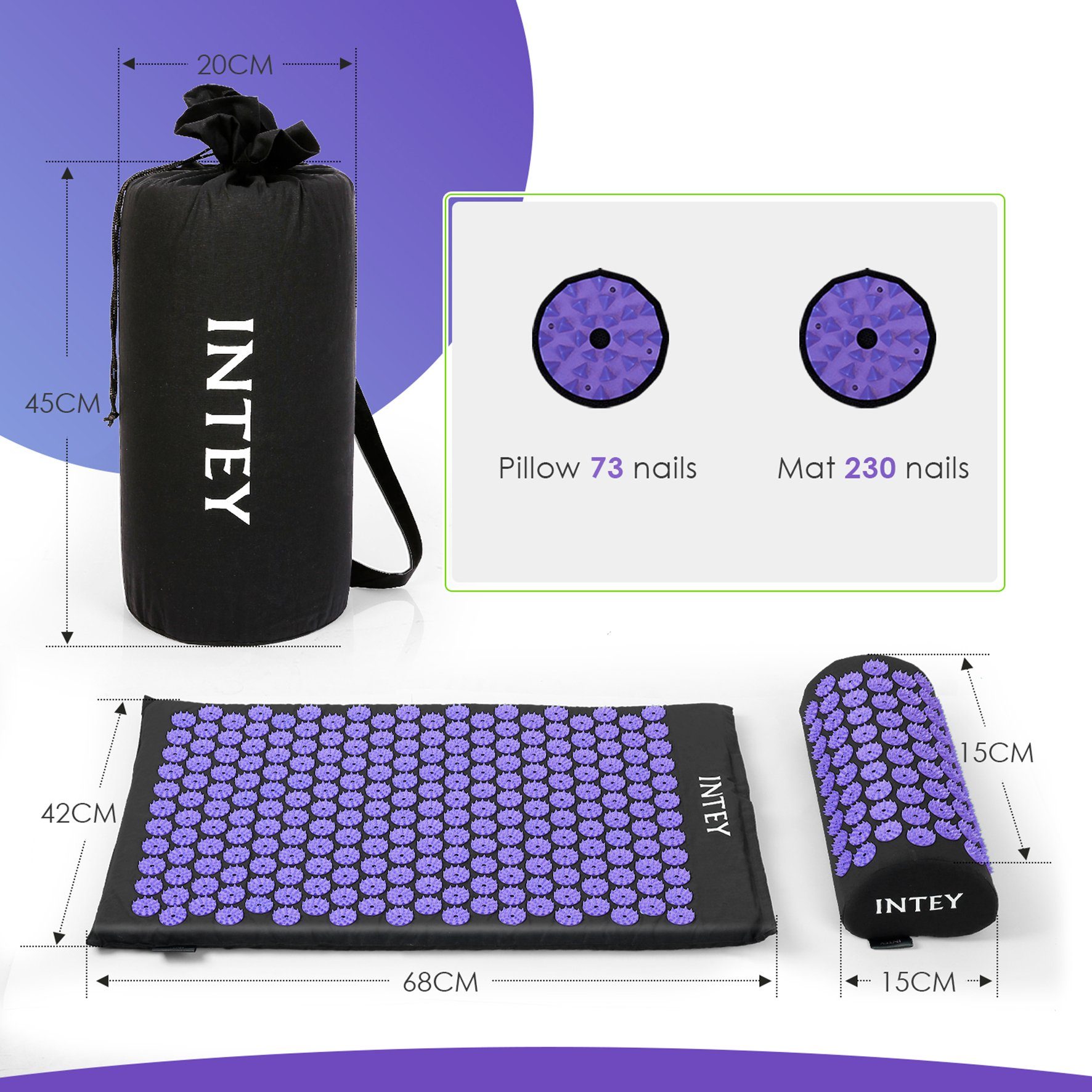 INTEY Akupressurmatte Nadelmatte Akupressur Akupunkturmatte (Set), mit Kissen, inkl. Tasche