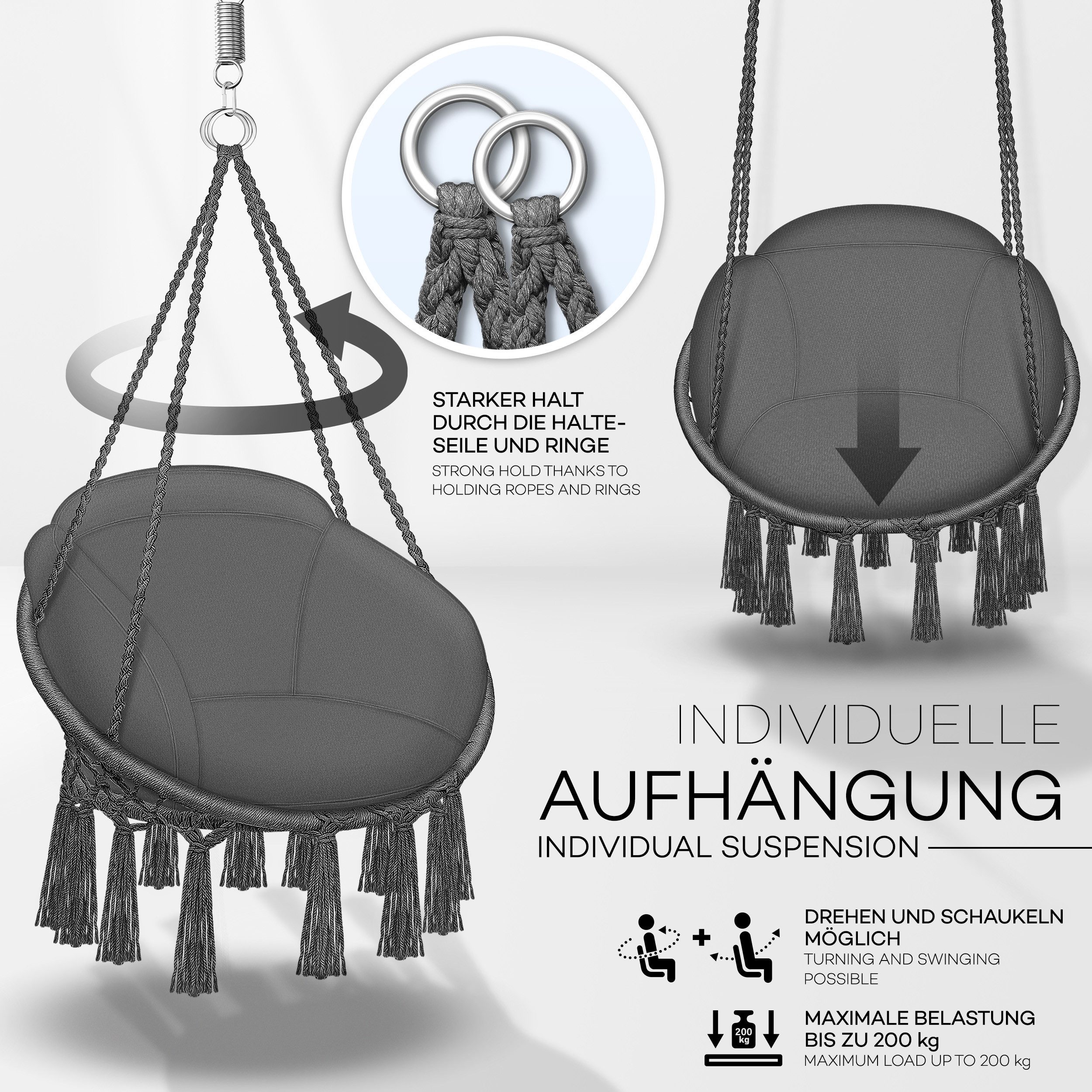 tillvex Hängesessel tillvex® Hängesessel Hängestuhl Hängeschaukel Hängekorb Hängesitz (Set, Hängesessel, Kissen, 4 Seile mit 2 Stahlringen), Kissen – Bild 3 von 5