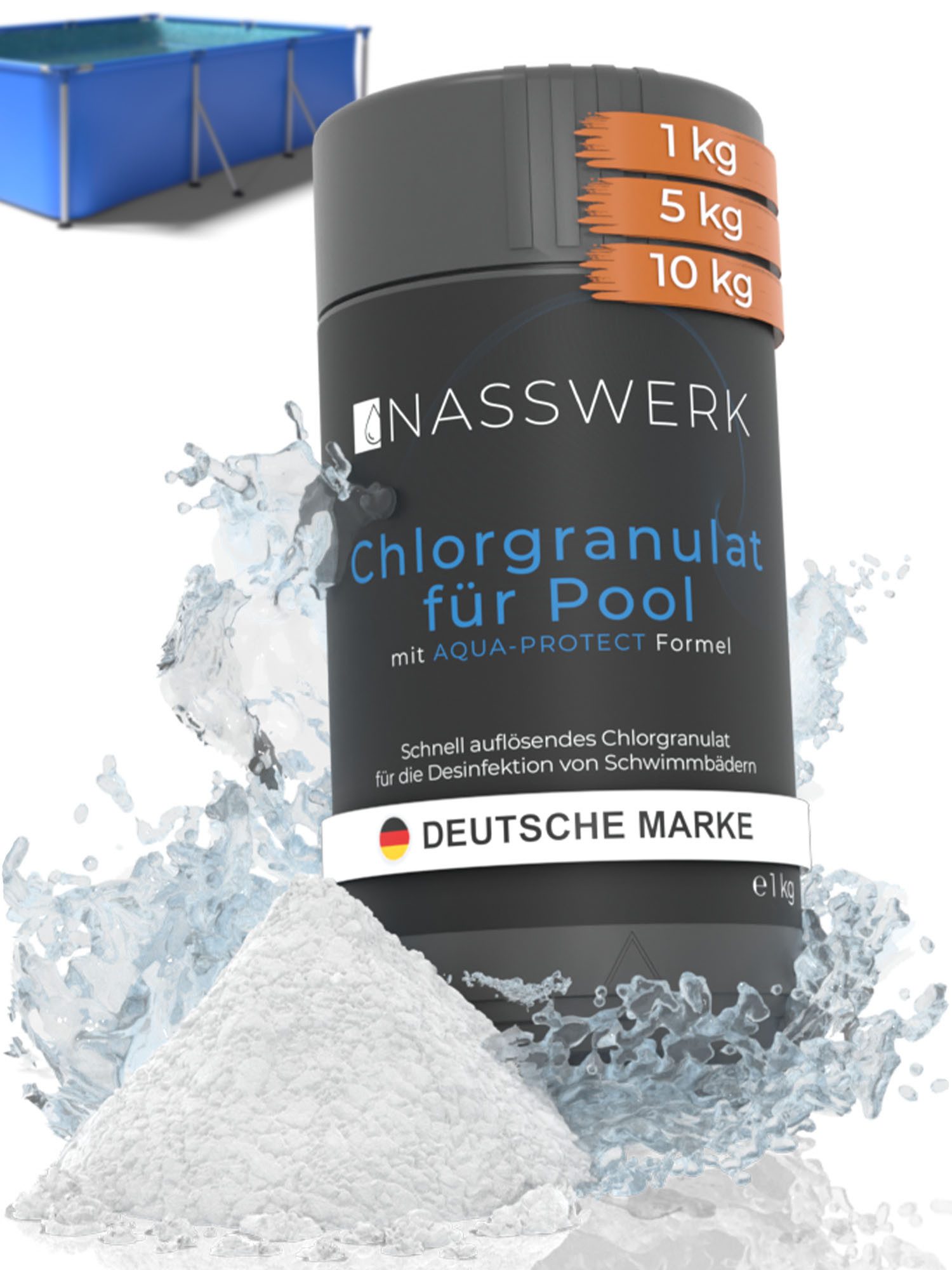 Nasswerk® Chlorgranulat Schockchlorung Pool Whirlpool pH-neutral, (Poolchemie Desinfektion, Erst- & Dauerchlorung), 1 kg schnell löslich