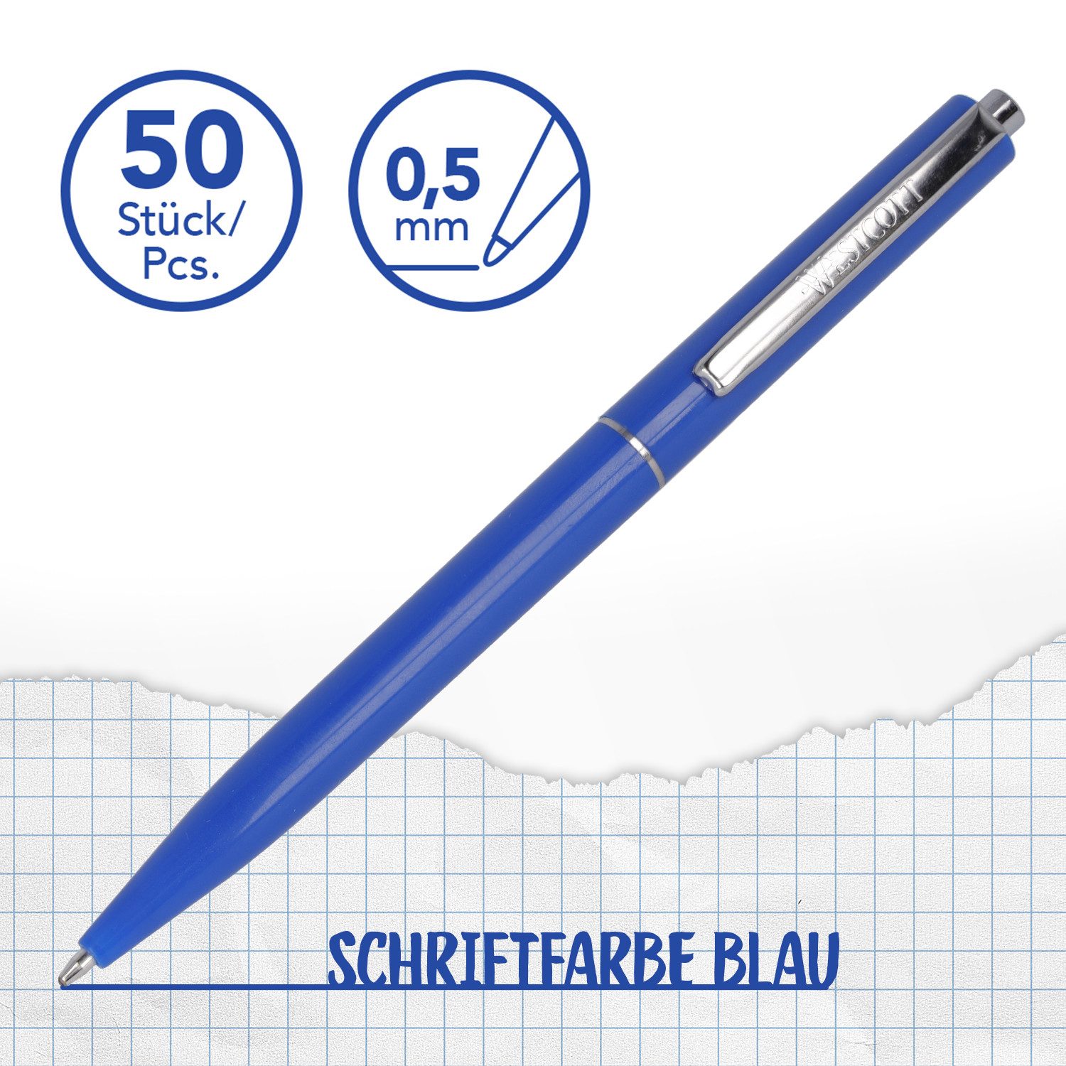 WESTCOTT Druckkugelschreiber Kugelschreiber ALLTIME Blau 50 Stück, Strichstärke M, X20 Mine, (Vorteilspack, 50-tlg), Dokumentenecht nach ISO 12757-2, Stabiler Metallclip