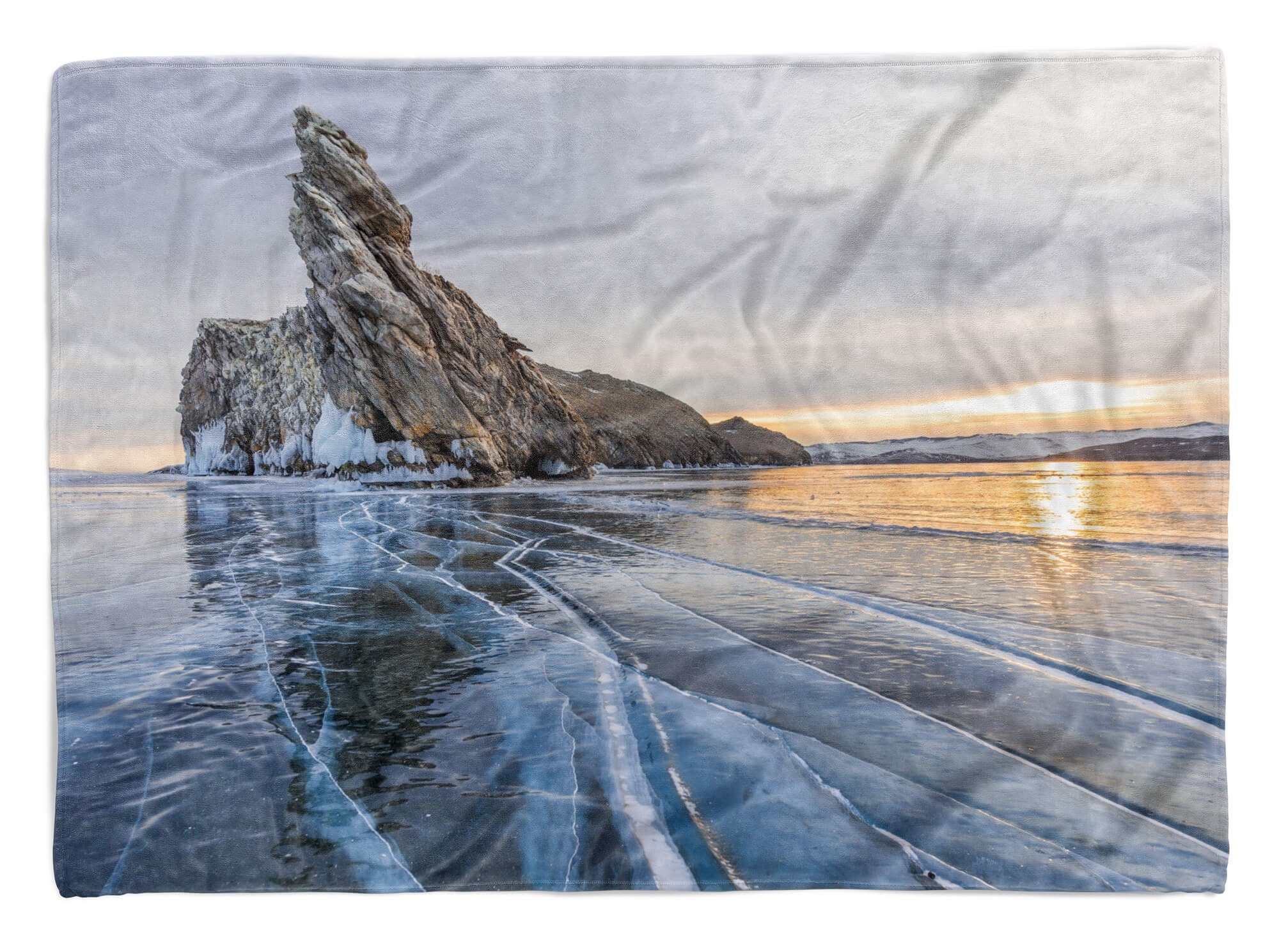 Sinus Art Handtücher Handtuch Strandhandtuch Saunatuch Kuscheldecke mit Fotomotiv Meer Klippe Eis Sonnenaufgan, Baumwolle-Polyester-Mix (1-St), Handtuch