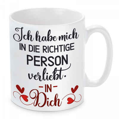 Herzbotschaft Tasse Kaffeebecher mit Motiv Ich habe mich in die richtige Person verliebt, Keramik, Kaffeetasse spülmaschinenfest und mikrowellengeeignet