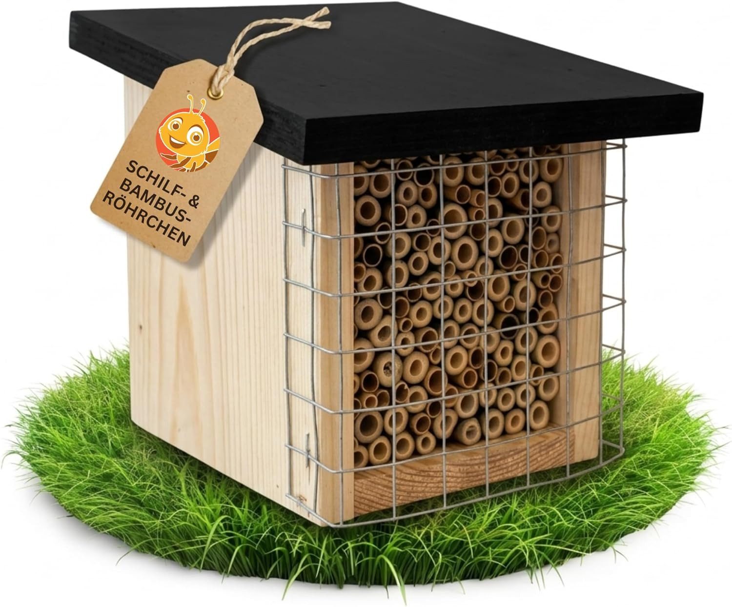 BEESI Insektenhotel mit Vogelschutz-Gitter & Multiplex Dach, Bambus & Schilf (4-8mm), (Artgerechtes Wildbienenhotel wetterfest), Vogelschutzgitter