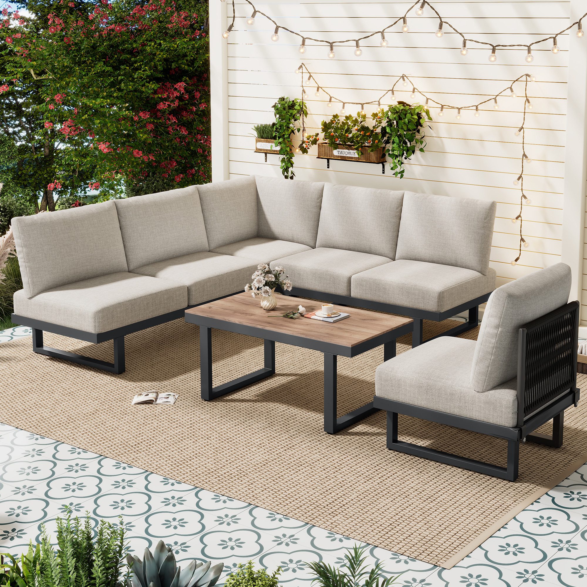 Merax Gartenlounge-Set aus verzinktem Stahl und geflochtenem Seil, (5-tlg., Sitzgruppe Gartengarnitur umwandelbar Liegebett), 6-Sitzer Gartenmöbel-Set mit Couchtisch, Verwandelbares Sofabett, Grau