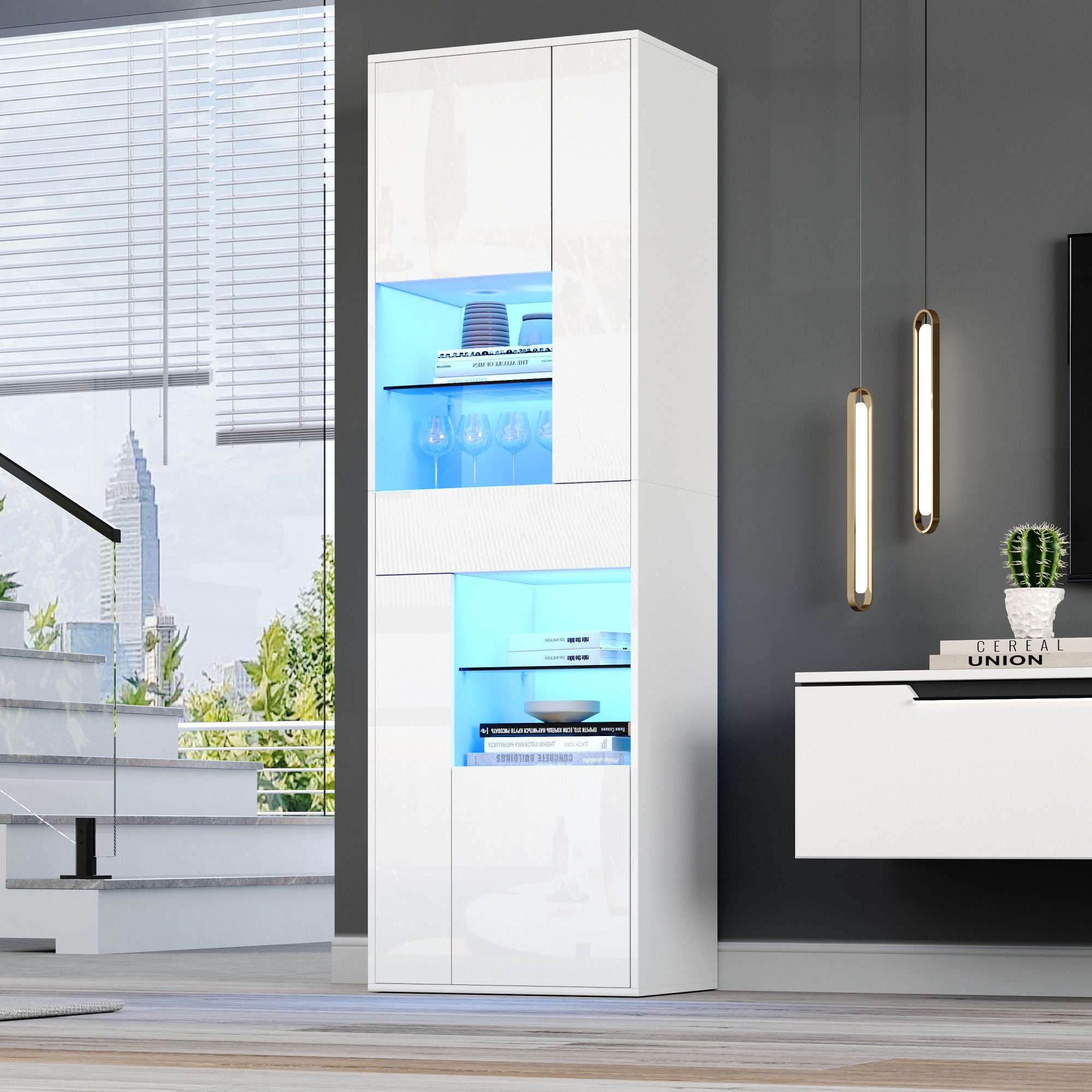 Merax Standvitrine Standvitrine mit LED-Beleuchtung, Hochglanzfront & Glasböden (1-St., Standregal Schrank Wohnzimmerschrank)
