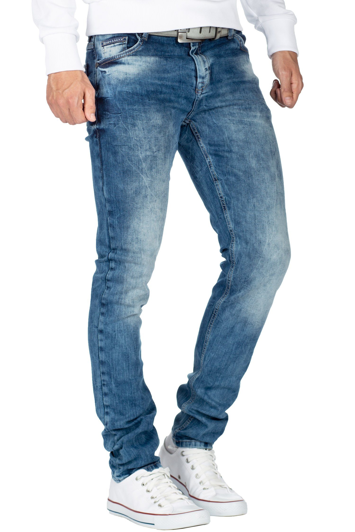 Cipo & Baxx Slim-fit-Jeans Herren Slim Fit Hose Stonewashed BA-CD533 Kontrastnaht und verzierte Gesäßtaschen