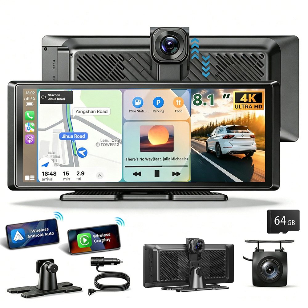 ESSGOO Dashcam CarPlay Tragbarer Android Auto Navigationsgeräte Reifendruck Dashcam (HD, Tragbar Autoradio Rückfahrkamera IPS Touchscreen GPS Navi FM AUX)