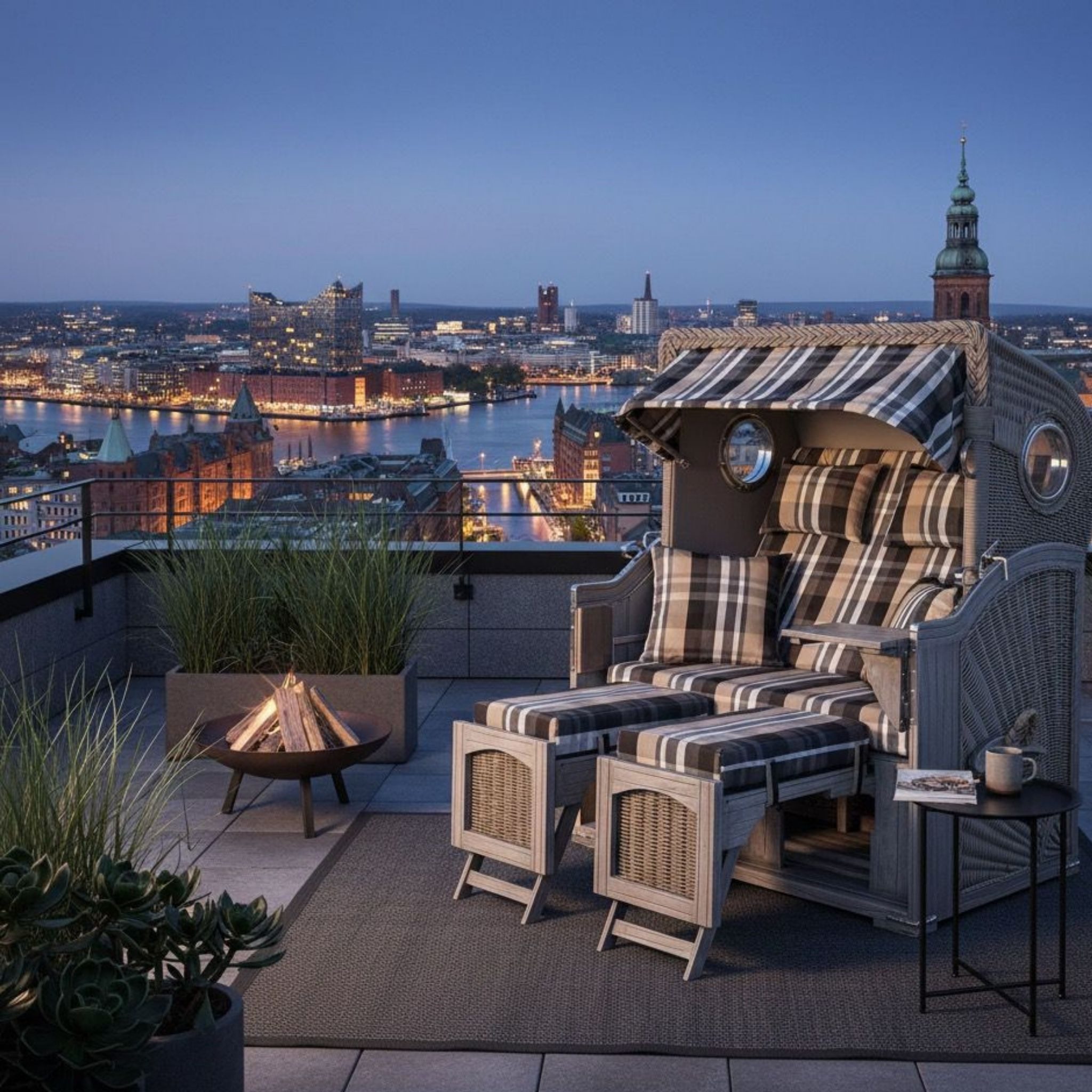 MR.DEKO Strandkorb 2-Sitzer Düne Koboo Graues Holz, Volllieger mit Bullauge, BxTxH: 125x80x170 cm, Volllieger, Düne, (Fertig montierter Strandkorb für Garten, Terrasse & Balkon), Wetterfester Volllieger mit Edelstahlbeschlägen & waschbaren Polstern