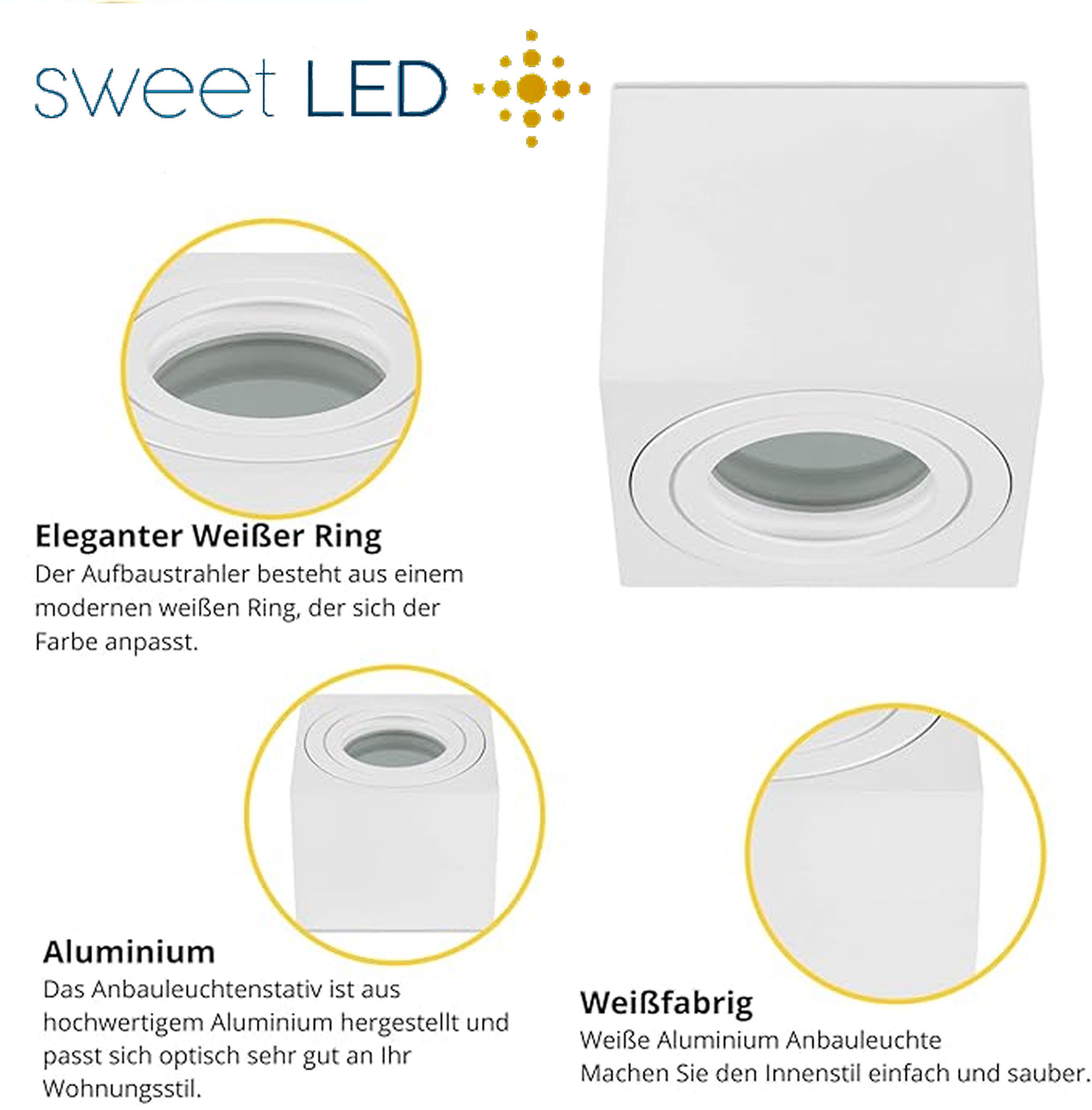 Sweet LED Aufbauleuchte 4er Set flach & eckig IP44 Deckenspots für Küche & Bad, ohne Leuchtmittel, LED Aufbaustrahler, spritzwassergeschützt
